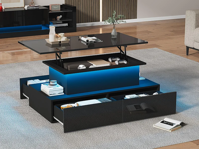 Uitschuifbare salontafel met LED - 4 laden - Zwart