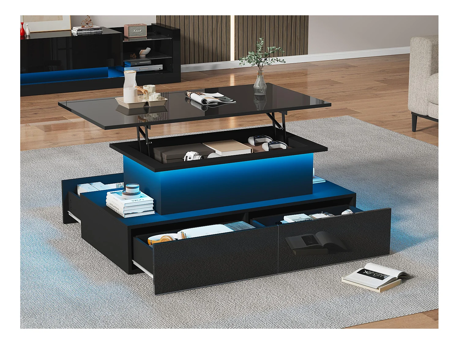 Revelable Couchtisch mit LED – 4 Schubladen – Schwarz