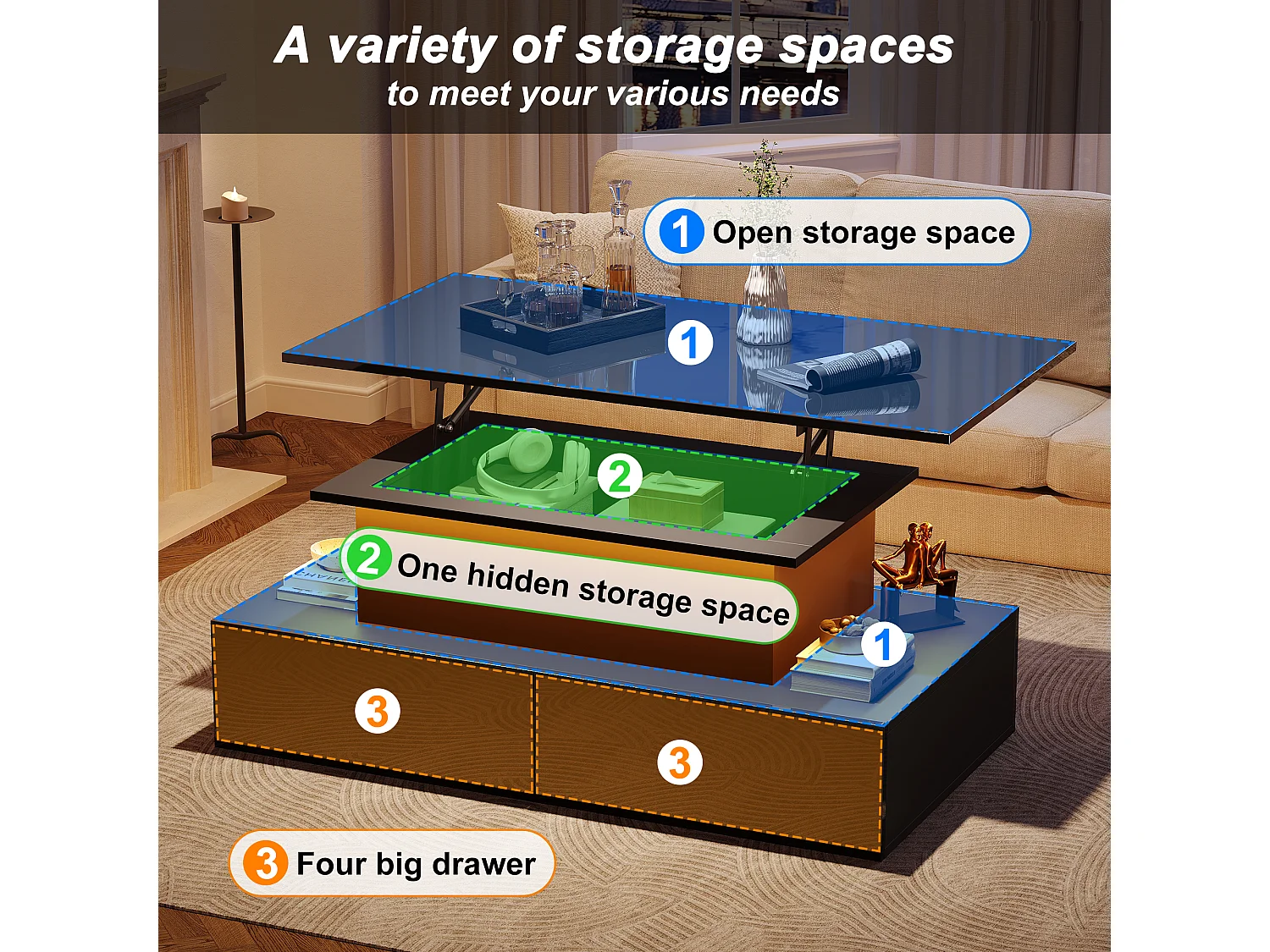 Table basse revelable avec LED - 4 tiroirs - Noir