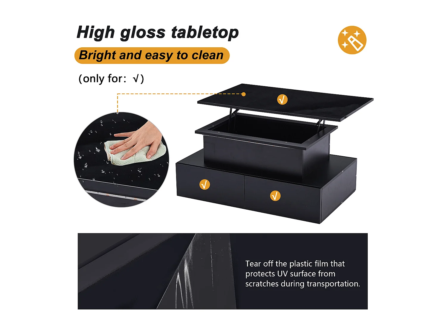 Table basse revelable avec LED - 4 tiroirs - Noir