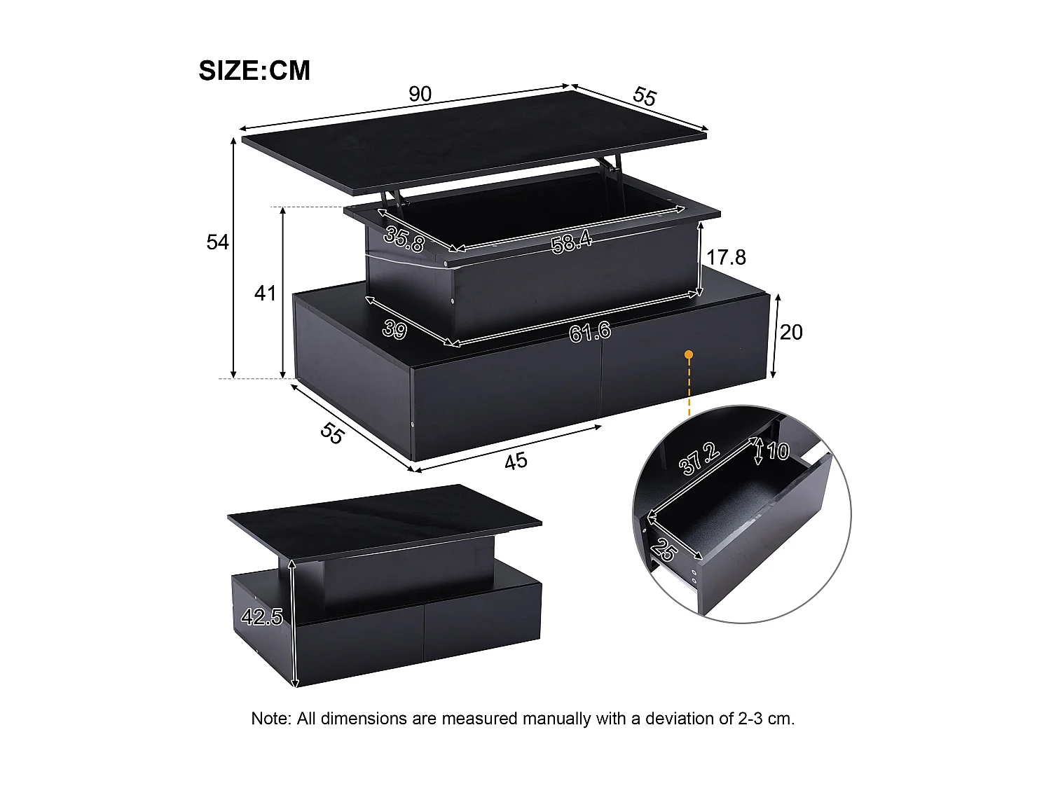 Table basse revelable avec LED - 4 tiroirs - Noir