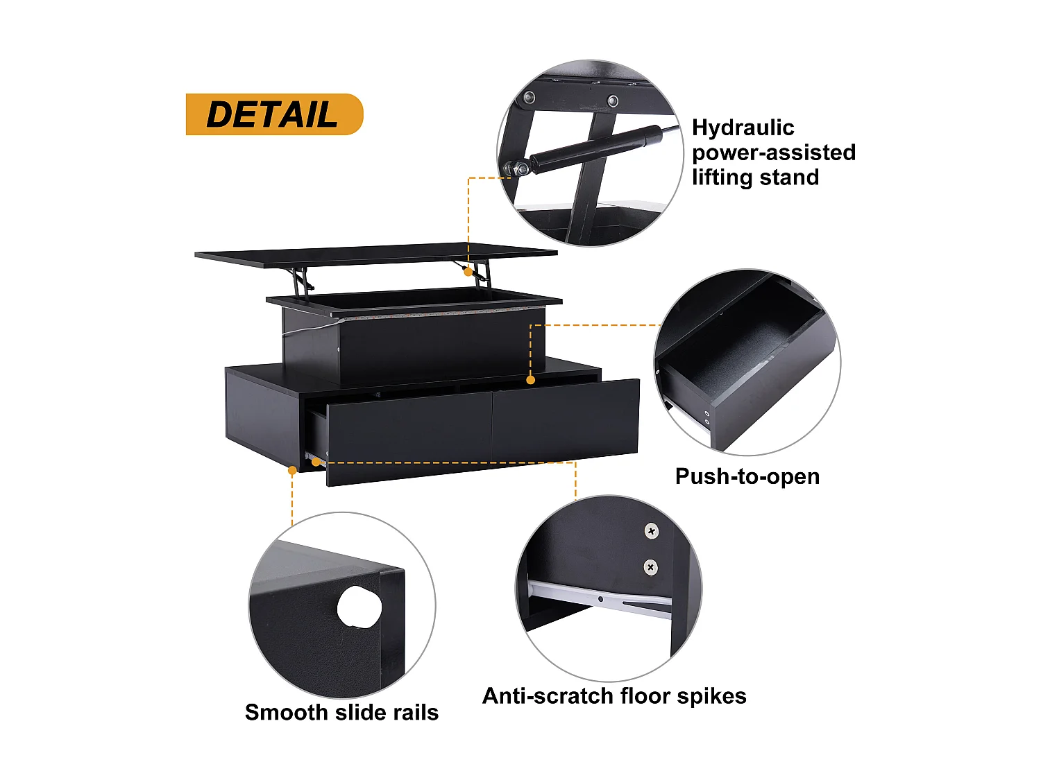 Table basse revelable avec LED - 4 tiroirs - Noir