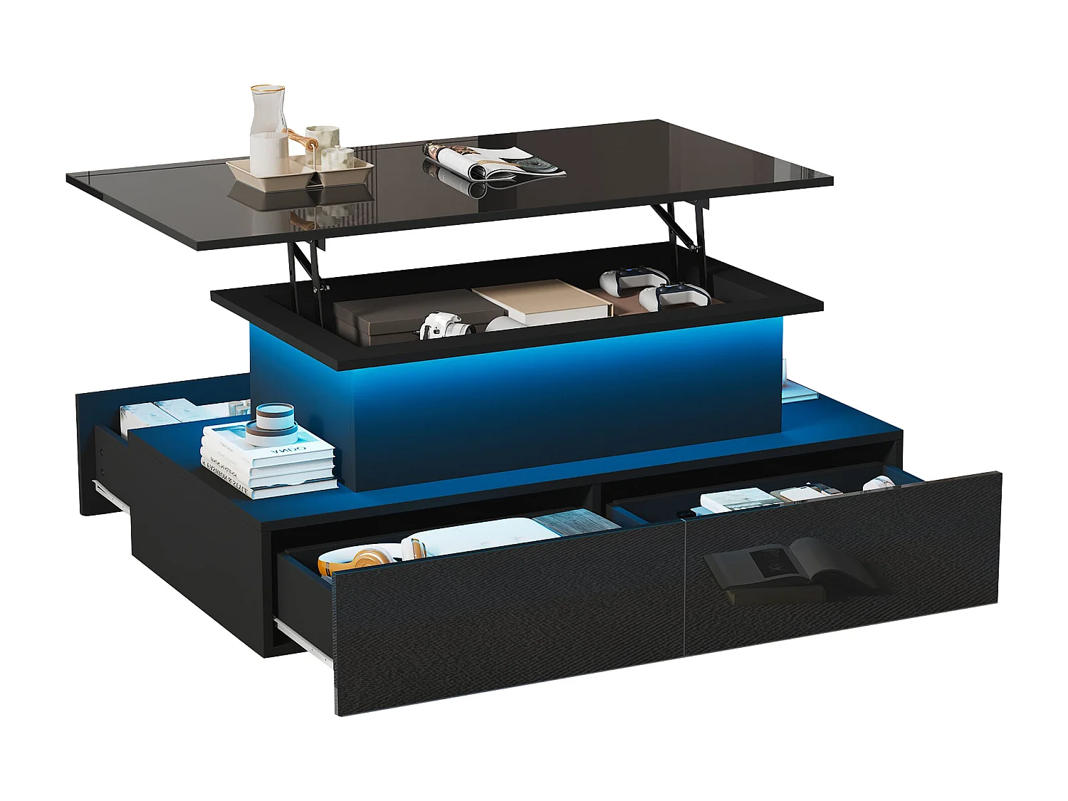 Table basse revelable avec LED - 4 tiroirs - Noir