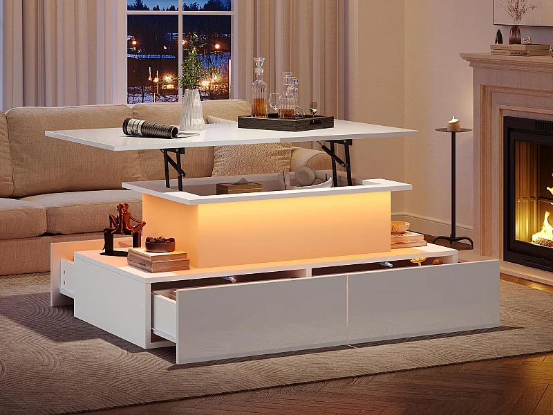 Table basse revelable avec LED - 4 tiroirs - Blanc