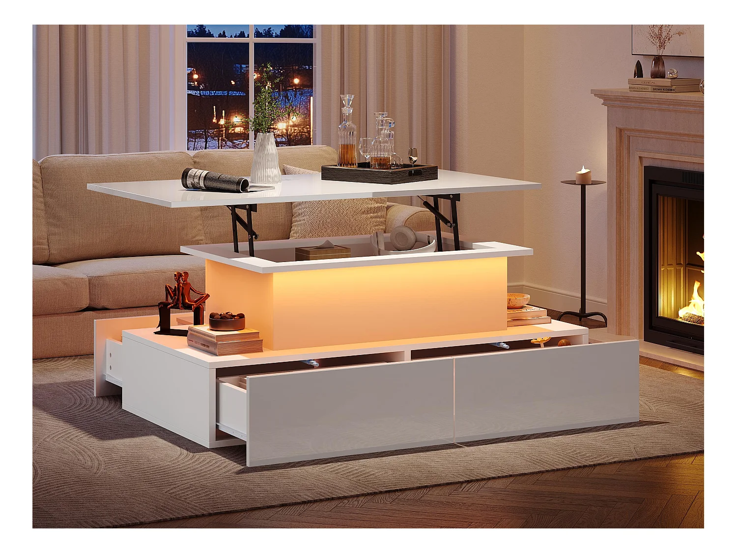 Revelable Couchtisch mit LED – 4 Schubladen – Weiß