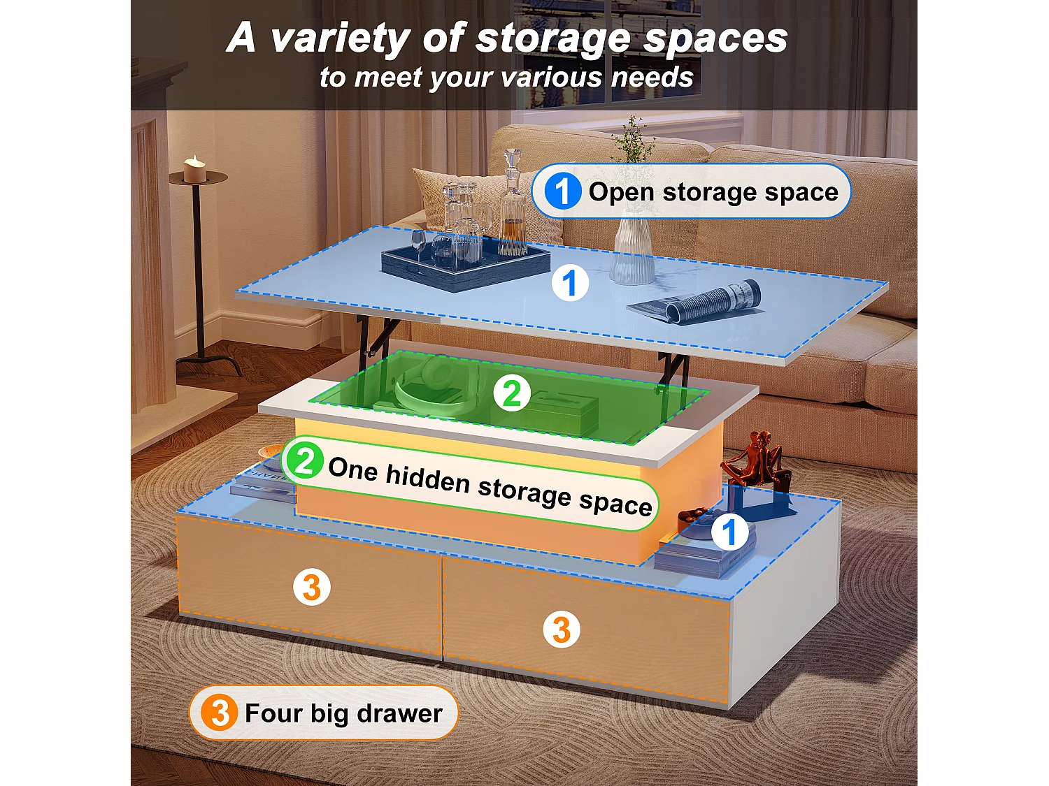 Stół kawowy z podnoszonym blatem z LED - 4 szuflady - Biały