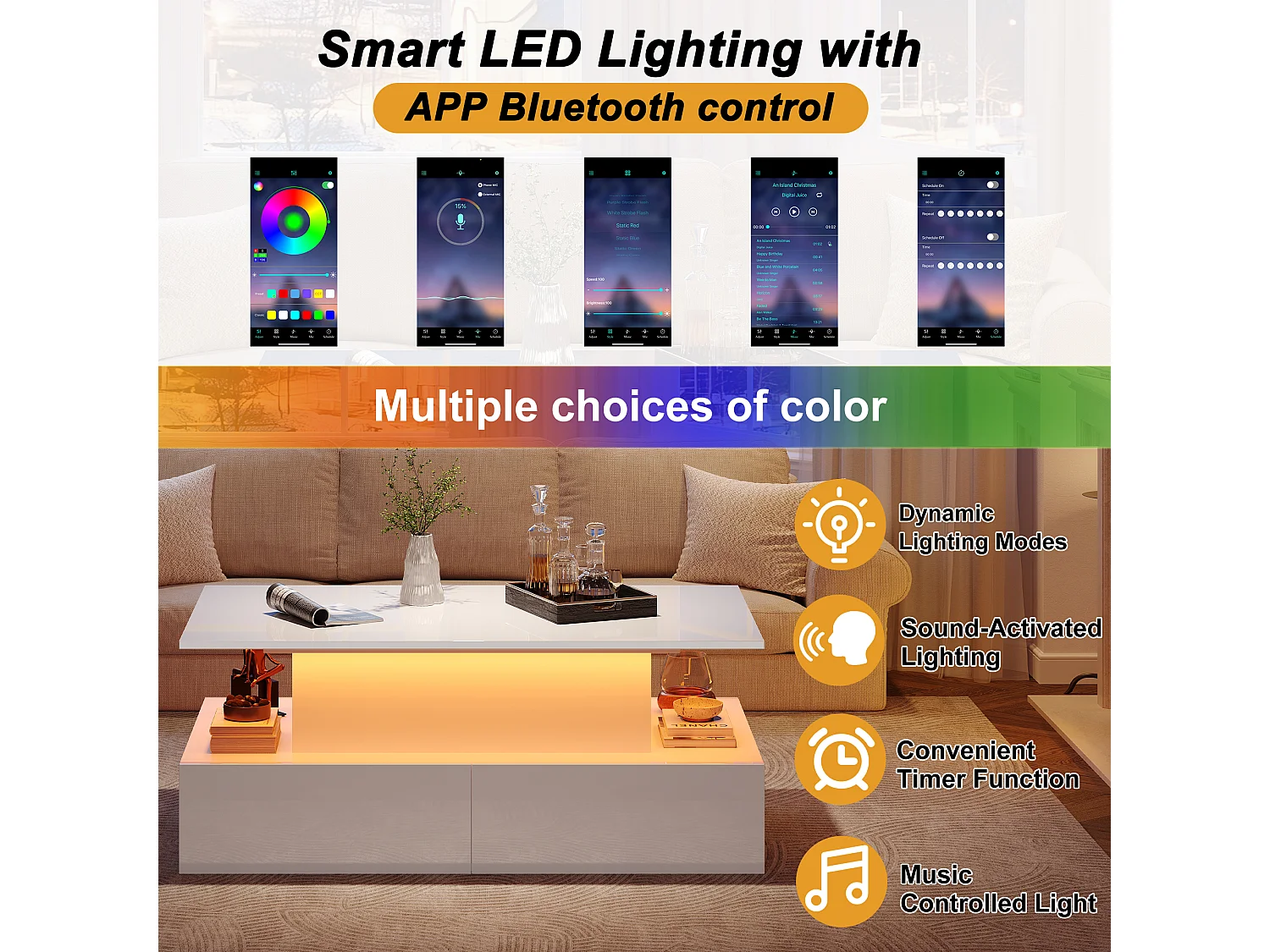 Stół kawowy z podnoszonym blatem z LED - 4 szuflady - Biały