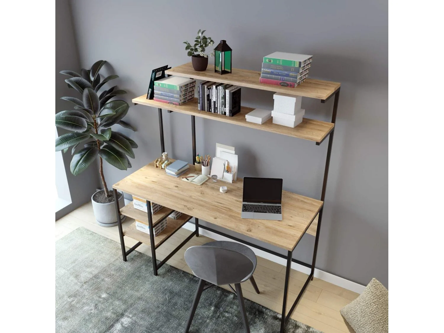 Bureau style industriel chêne et noir à étagères FORSSA