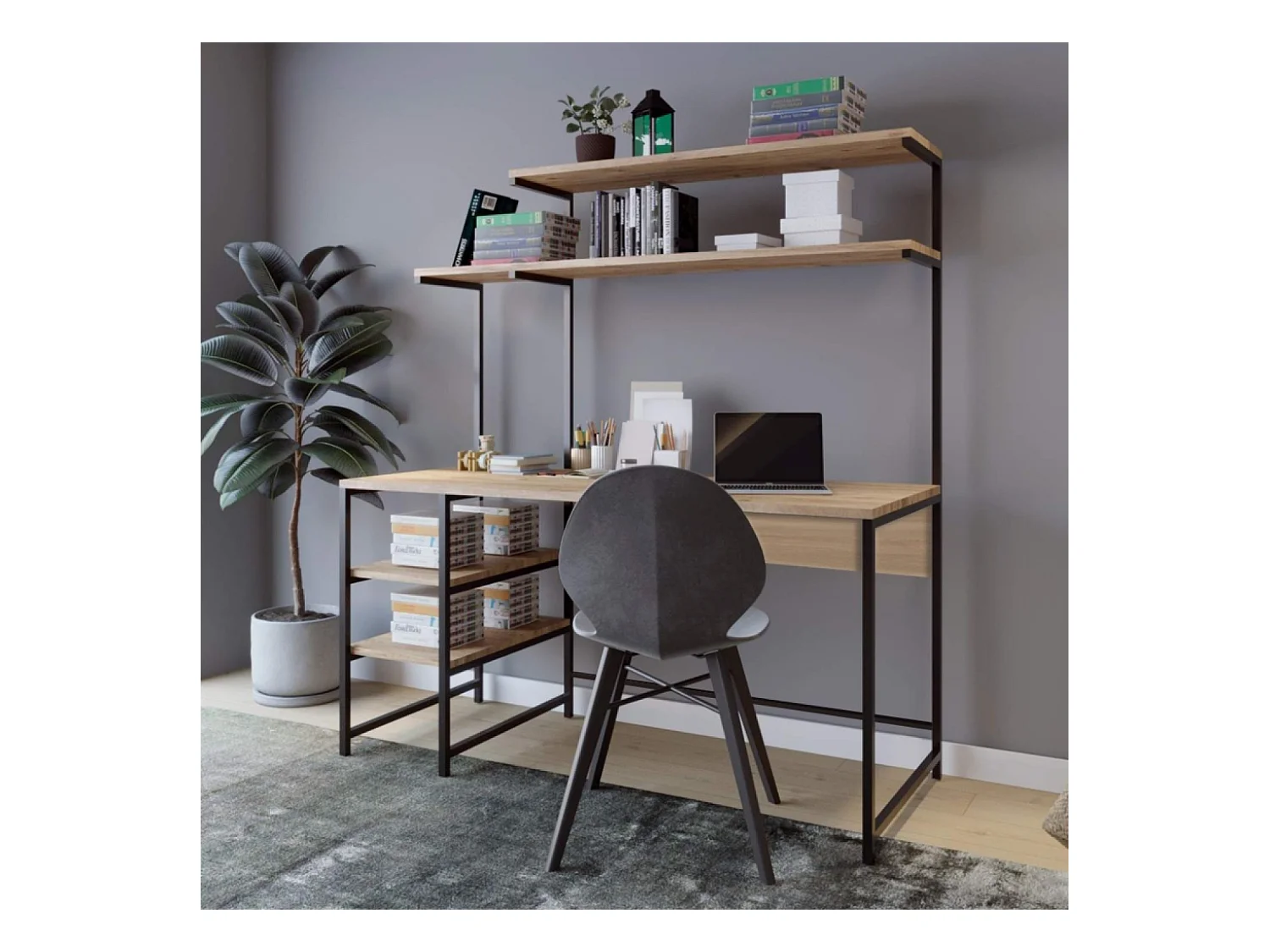 Bureau style industriel chêne et noir à étagères FORSSA