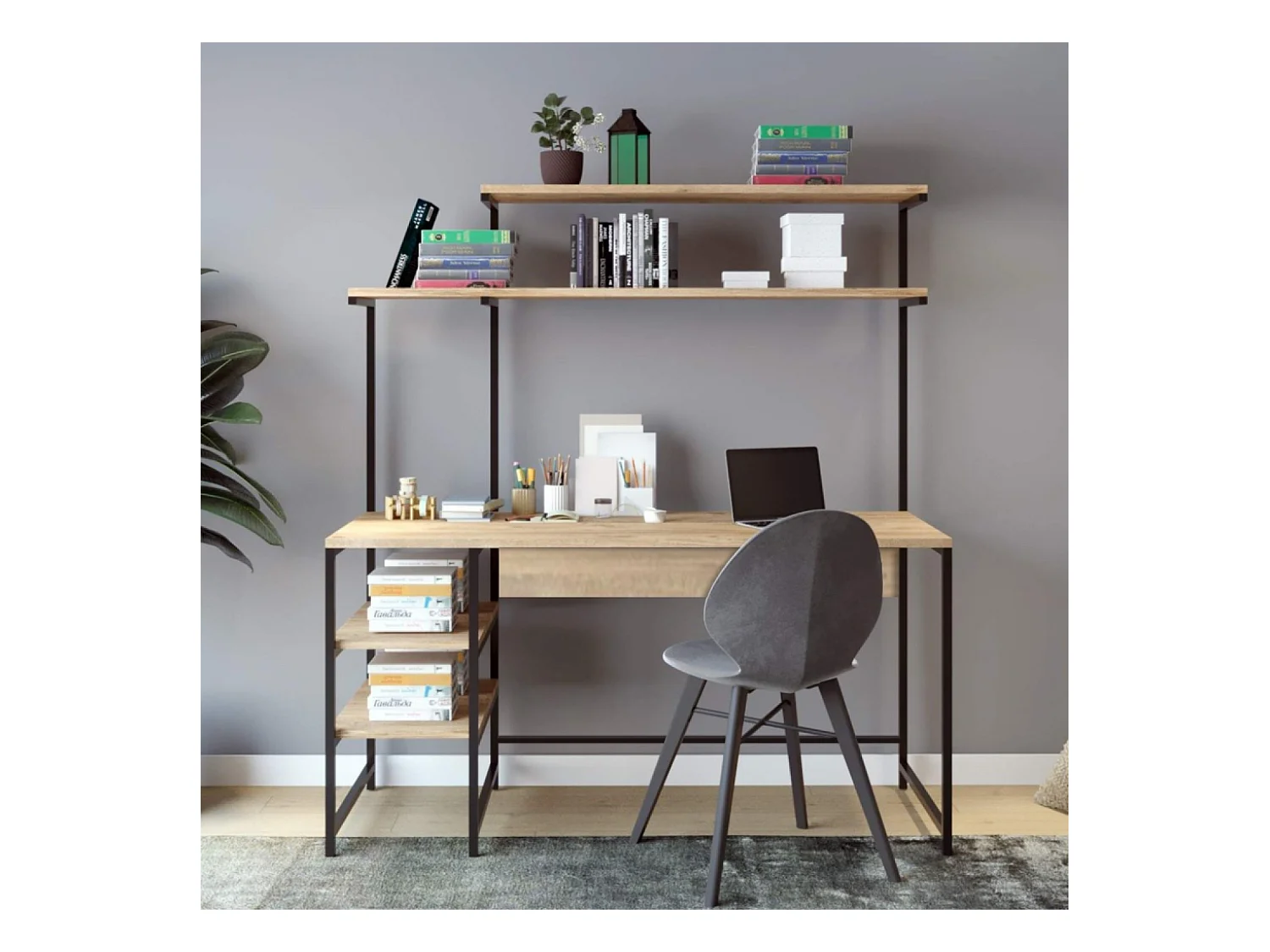 Bureau style industriel chêne et noir à étagères FORSSA