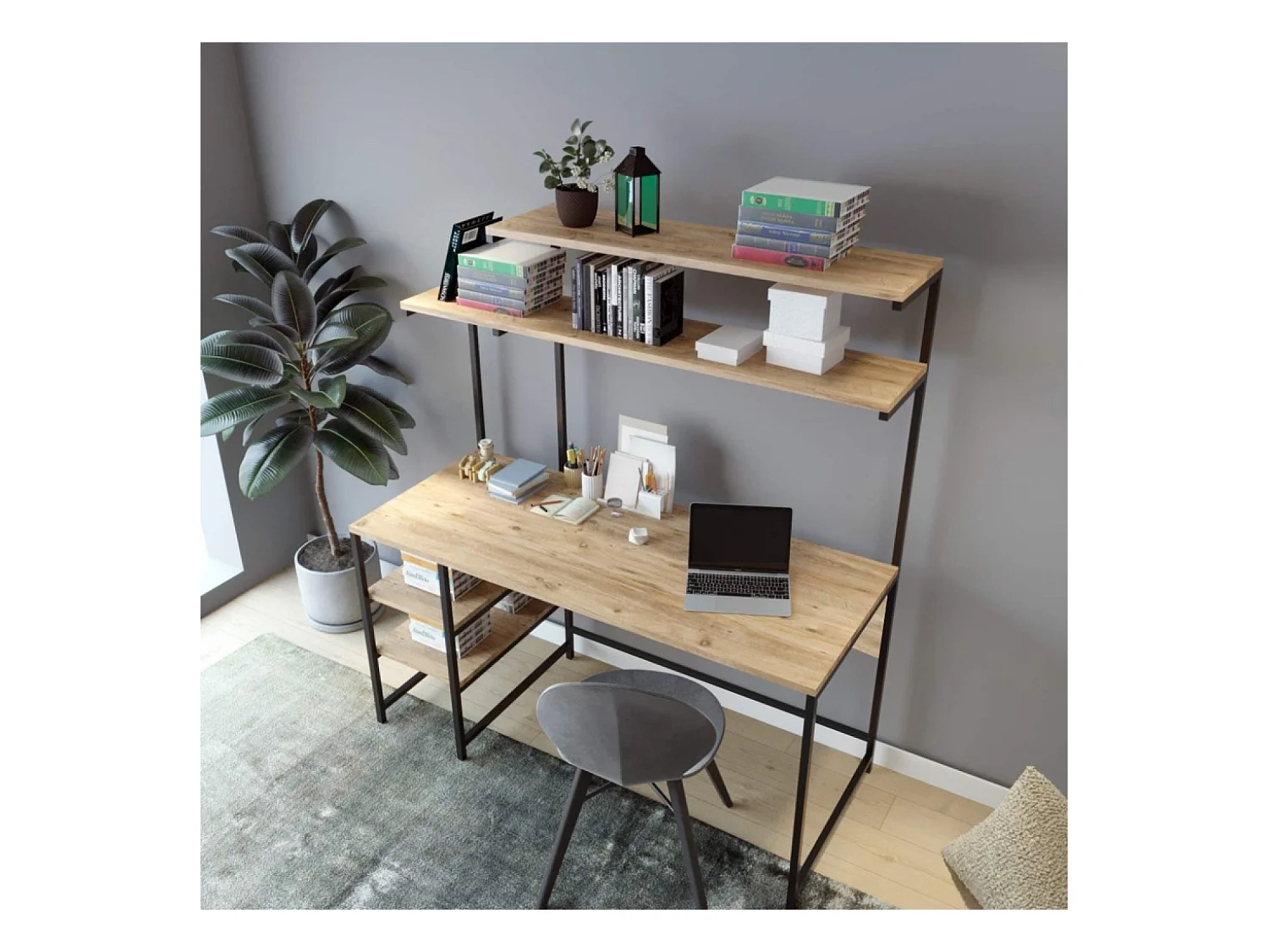 Bureau style industriel chêne et noir à étagères FORSSA