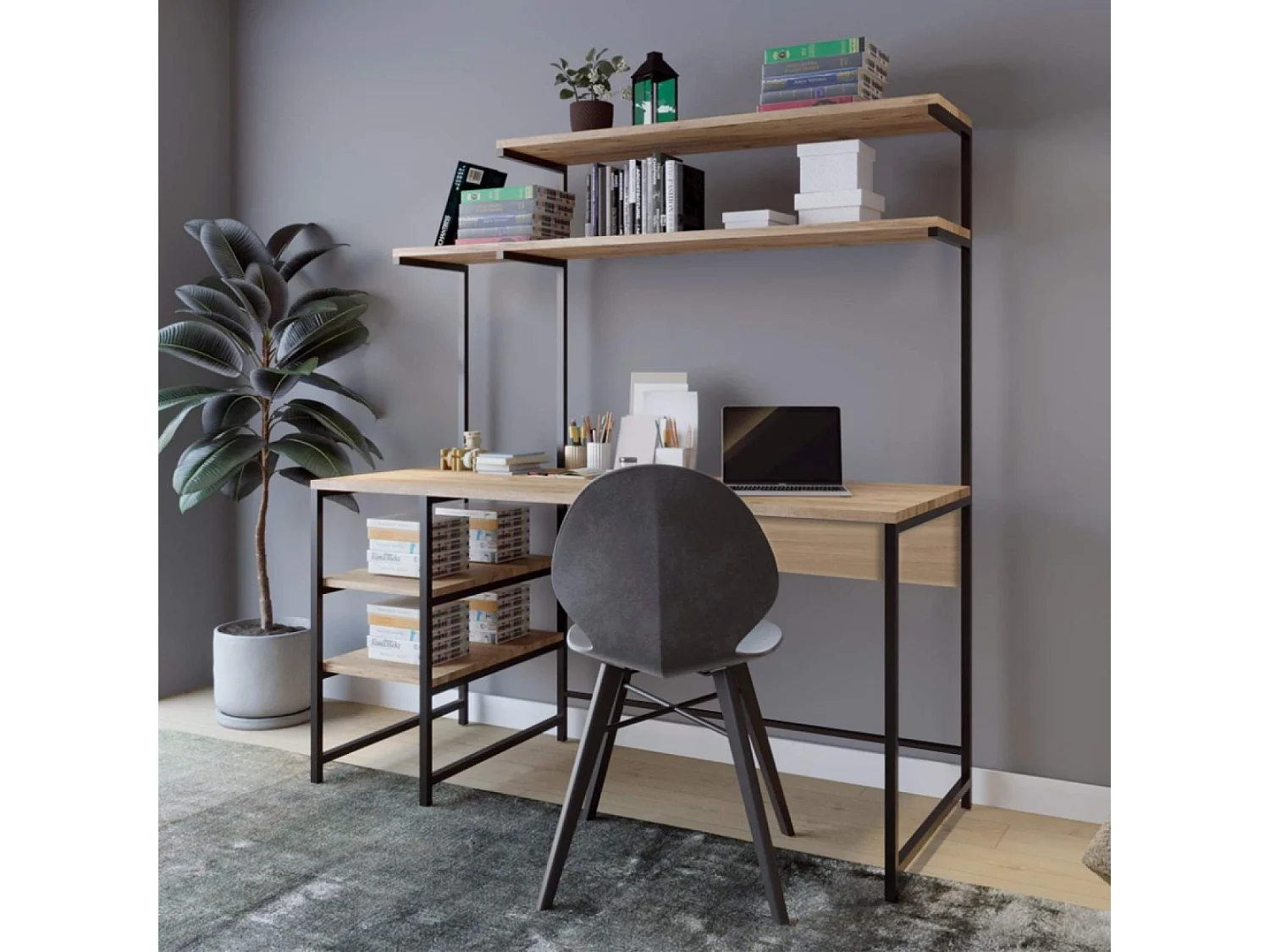 Bureau style industriel chêne et noir à étagères FORSSA