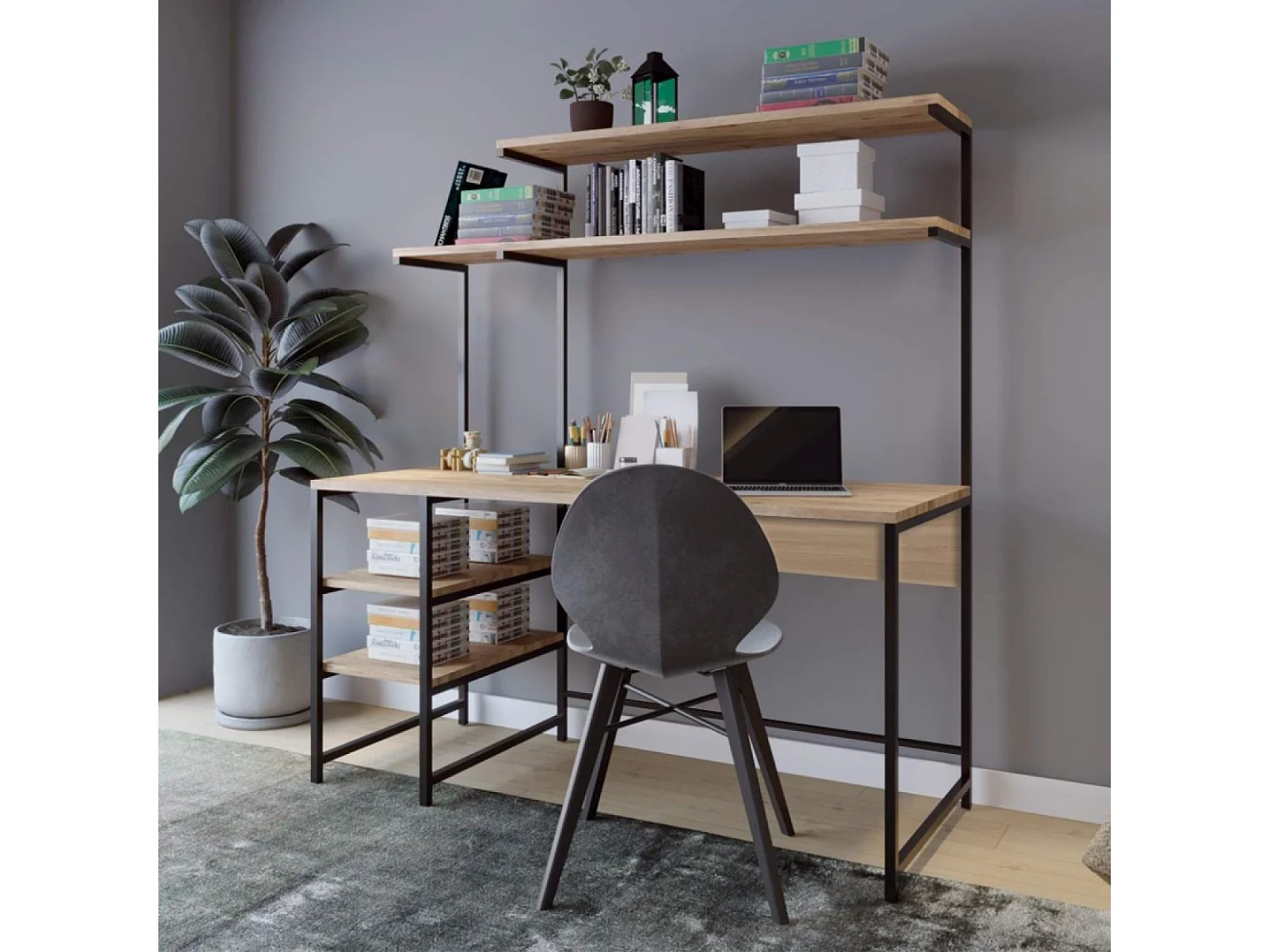 Bureau style industriel chêne et noir à étagères FORSSA