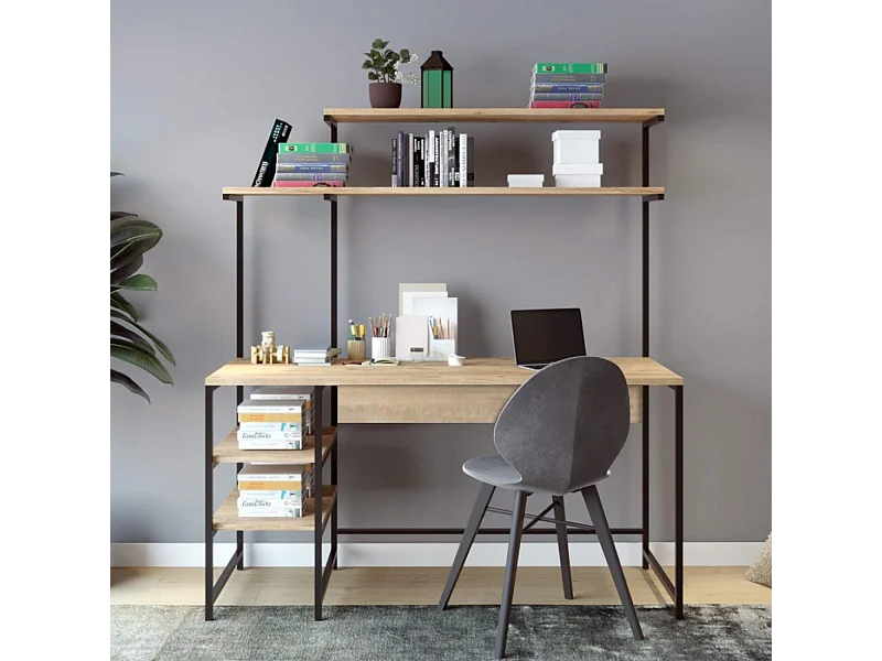 Industrieel bureau eiken en zwart FORSSA met planken - Modern en functioneel design
