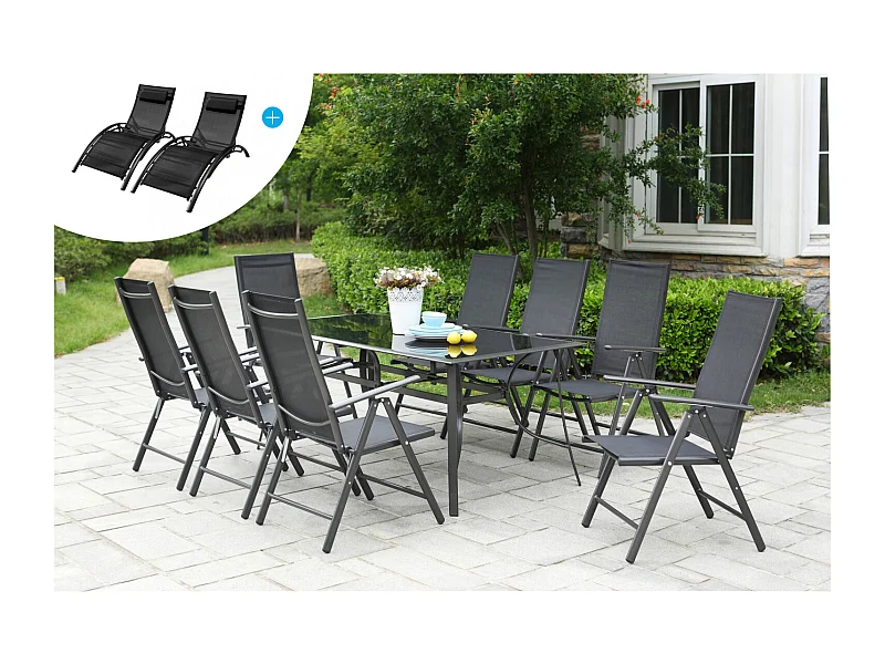 Gartenmöbelset aus Aluminium und Schwarzem Textilene 8 Stühle + 2 Liegestühle