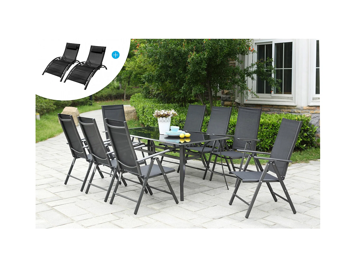 Salon de Jardin Aluminium 8 fauteuils + Duo Transats Noir RIMINI