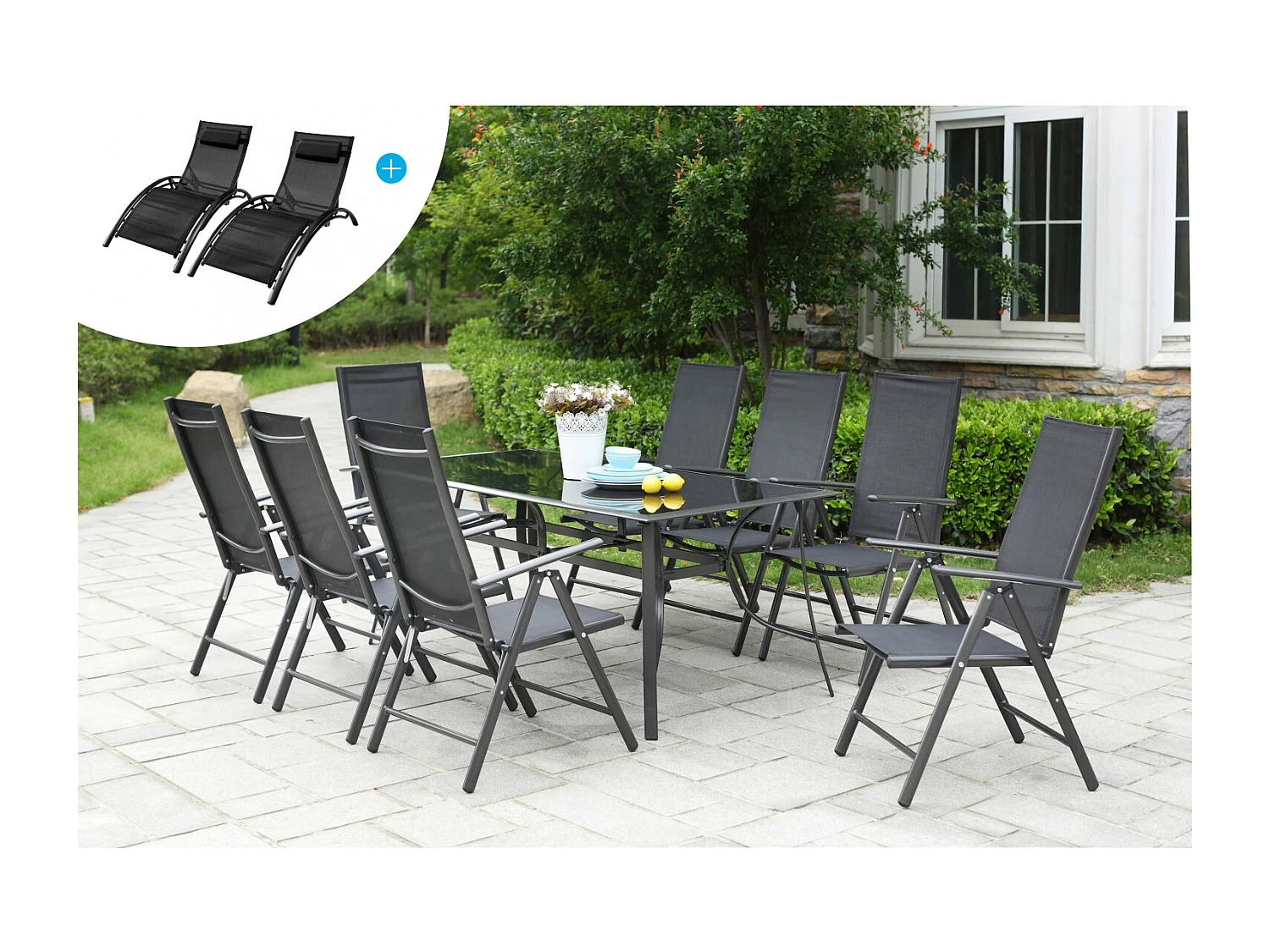 Salon de Jardin Aluminium 8 fauteuils + Duo Transats Noir RIMINI