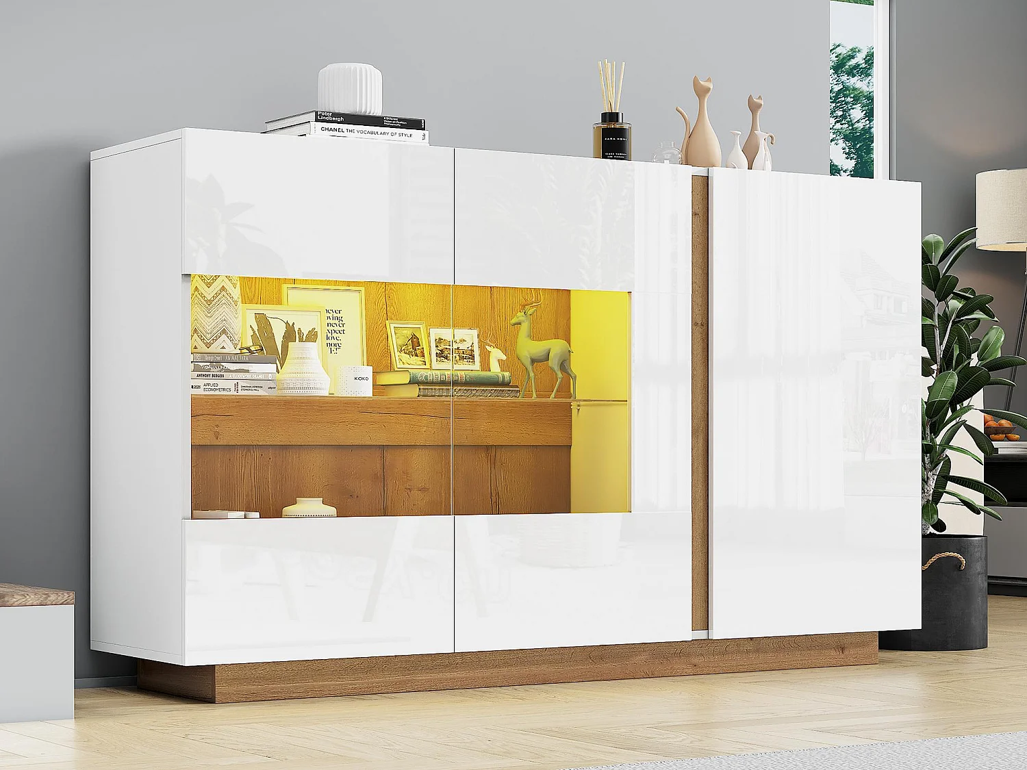 Buffet avec LED - 3 portes - en panneaux de particules - Blanc