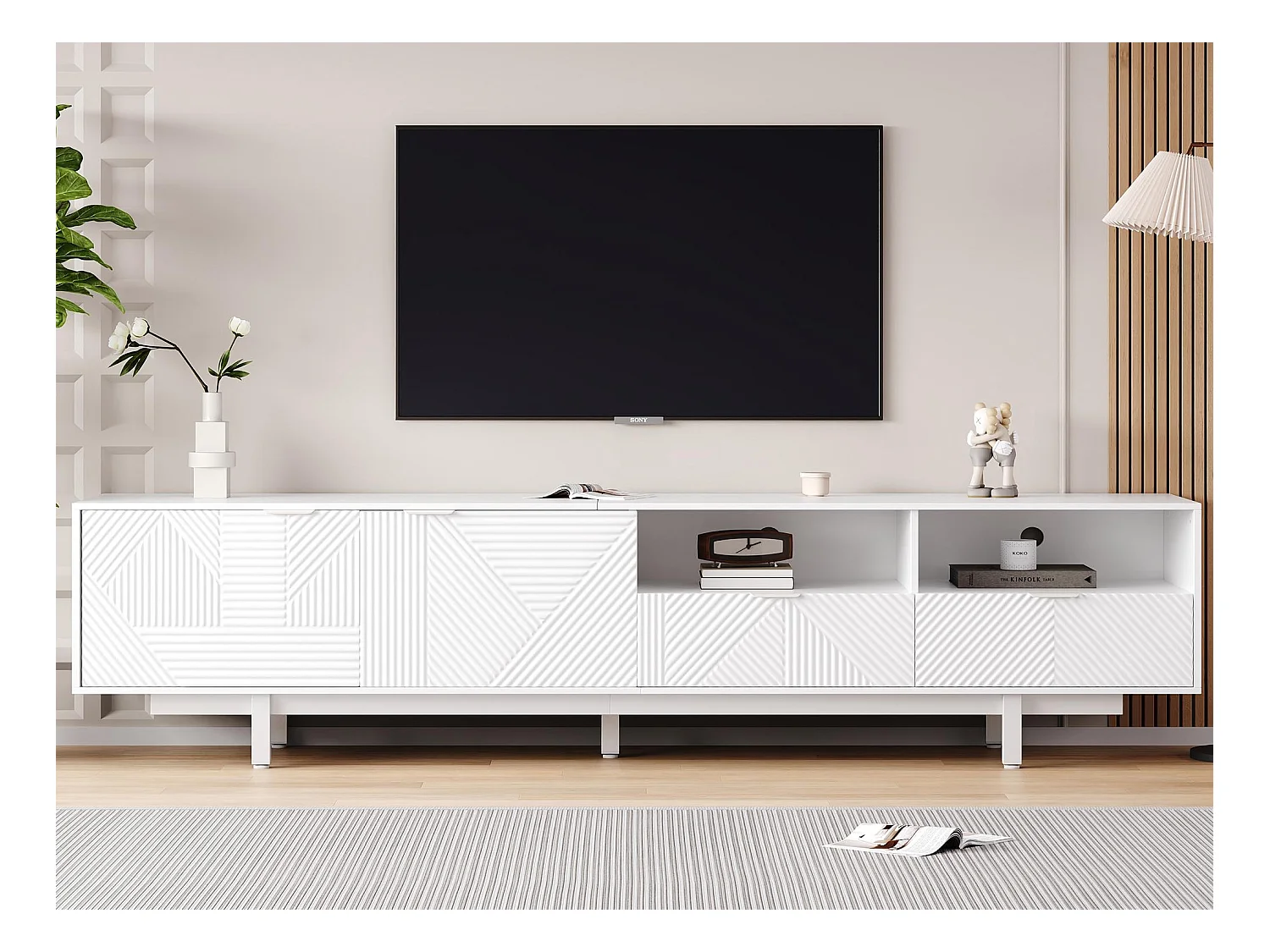 Meuble TV 200 cm - avec 3 compartiments et 2 tiroirs - capacité maximale TV 90 pouces - Blanc