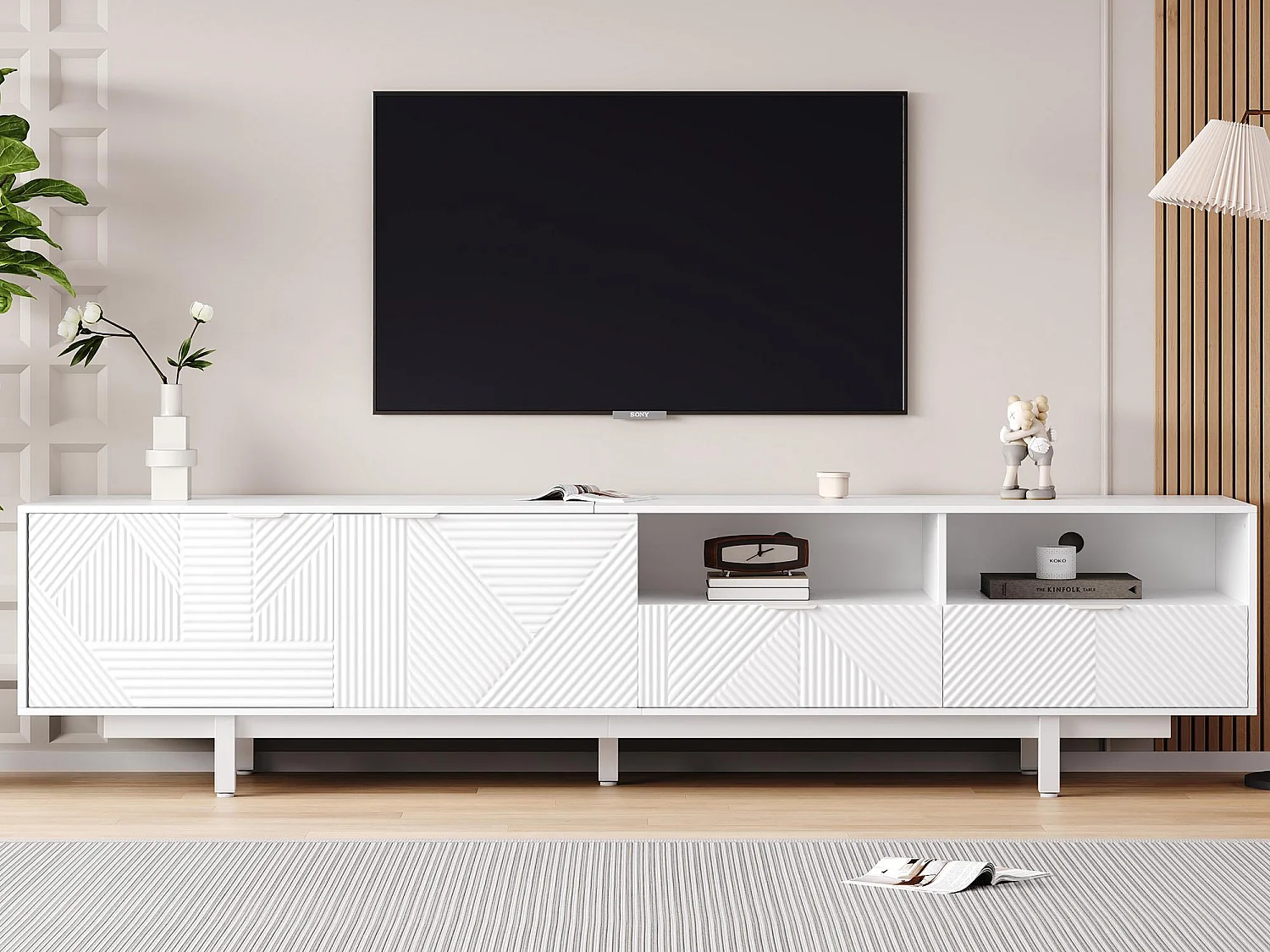 Meuble TV 200 cm - avec 3 compartiments et 2 tiroirs - capacité maximale TV 90 pouces - Blanc