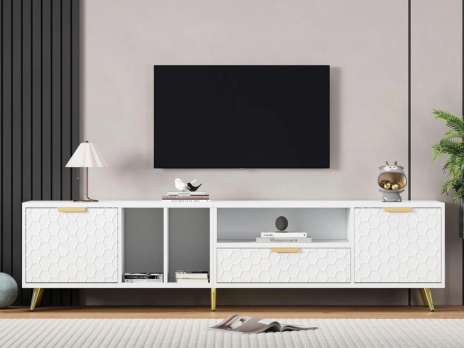 Meuble TV moderne 180 cm - 1 tiroir + 2 portes + 3 compartiments - Blanc