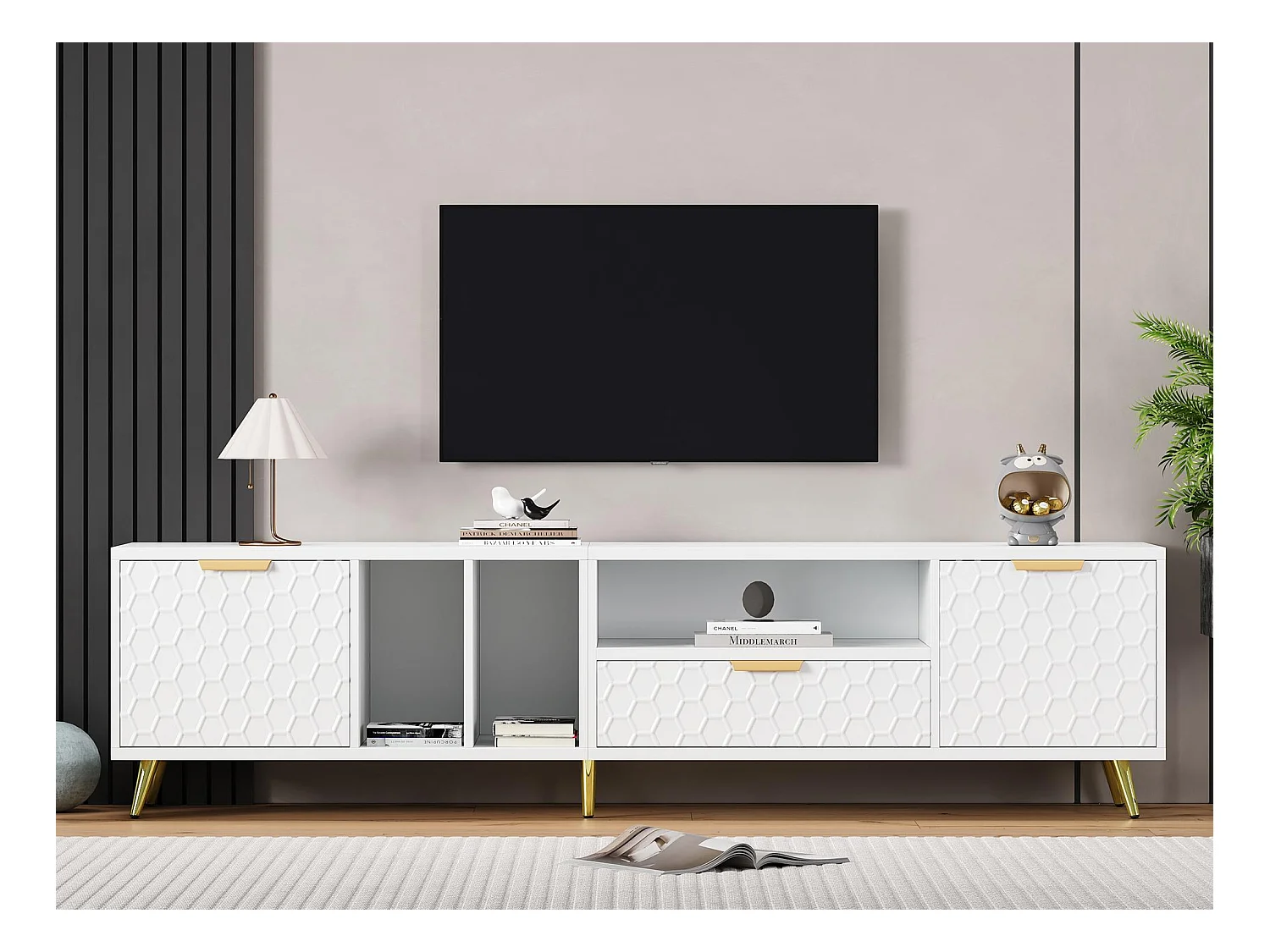 Meuble TV moderne 180 cm - 1 tiroir + 2 portes + 3 compartiments - Blanc