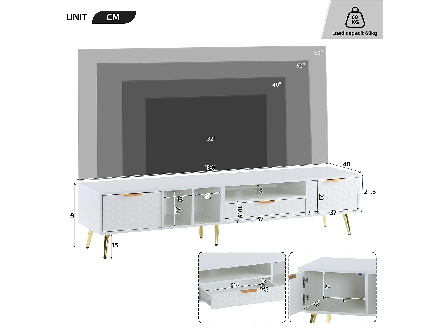 Meuble TV moderne 180 cm - 1 tiroir + 2 portes + 3 compartiments - Blanc