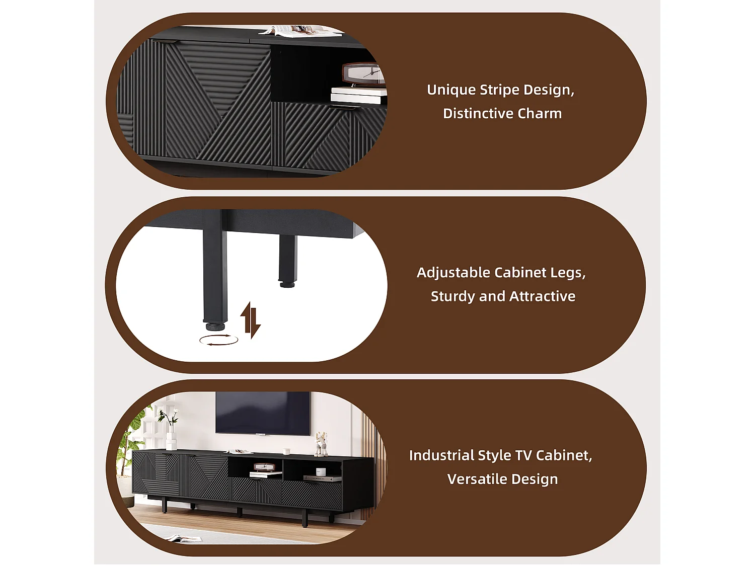 Meuble TV 200 cm - avec 3 compartiments et 2 tiroirs - capacité maximale TV 90 pouces - Noir