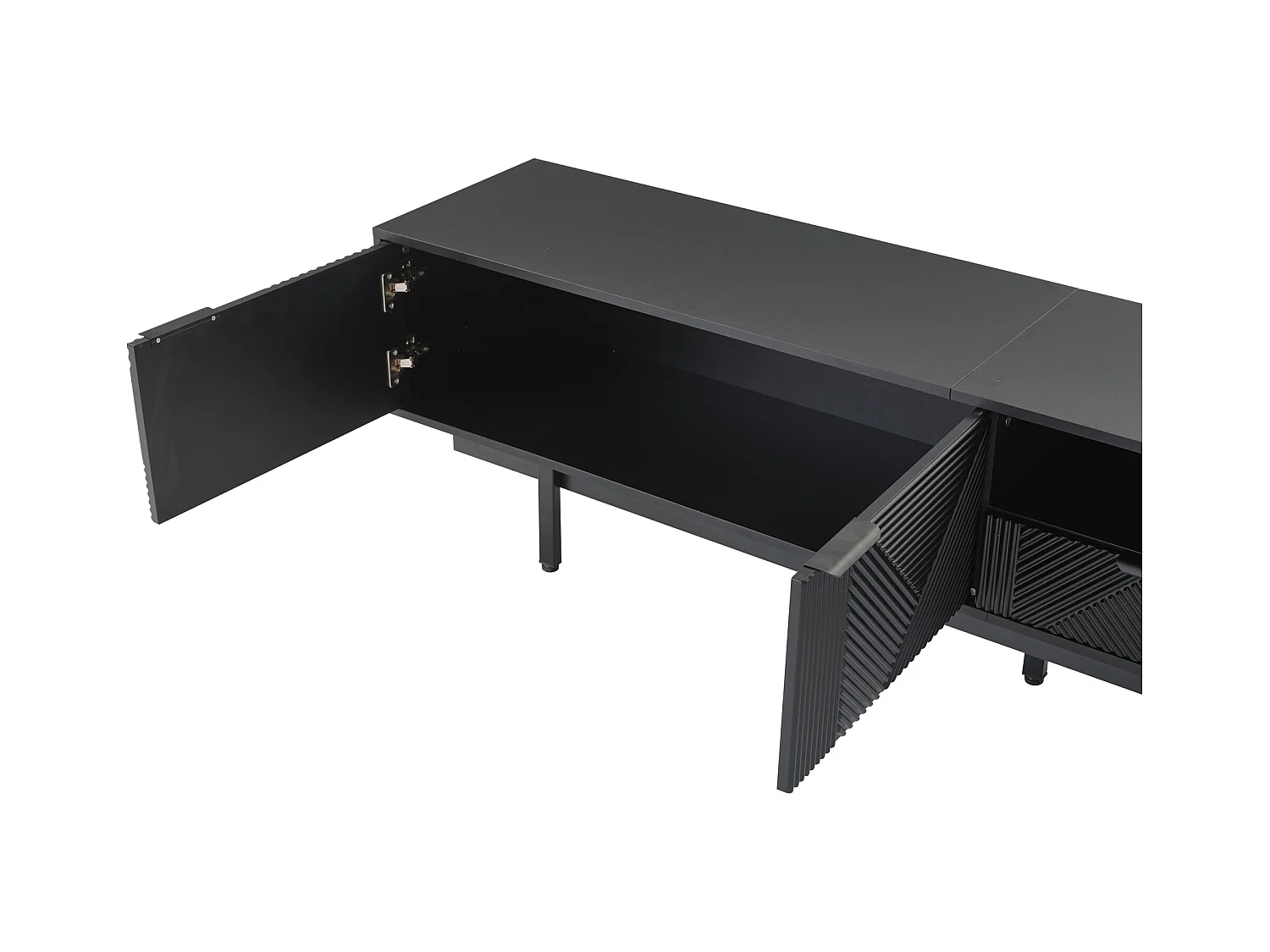 Meuble TV 200 cm - avec 3 compartiments et 2 tiroirs - capacité maximale TV 90 pouces - Noir