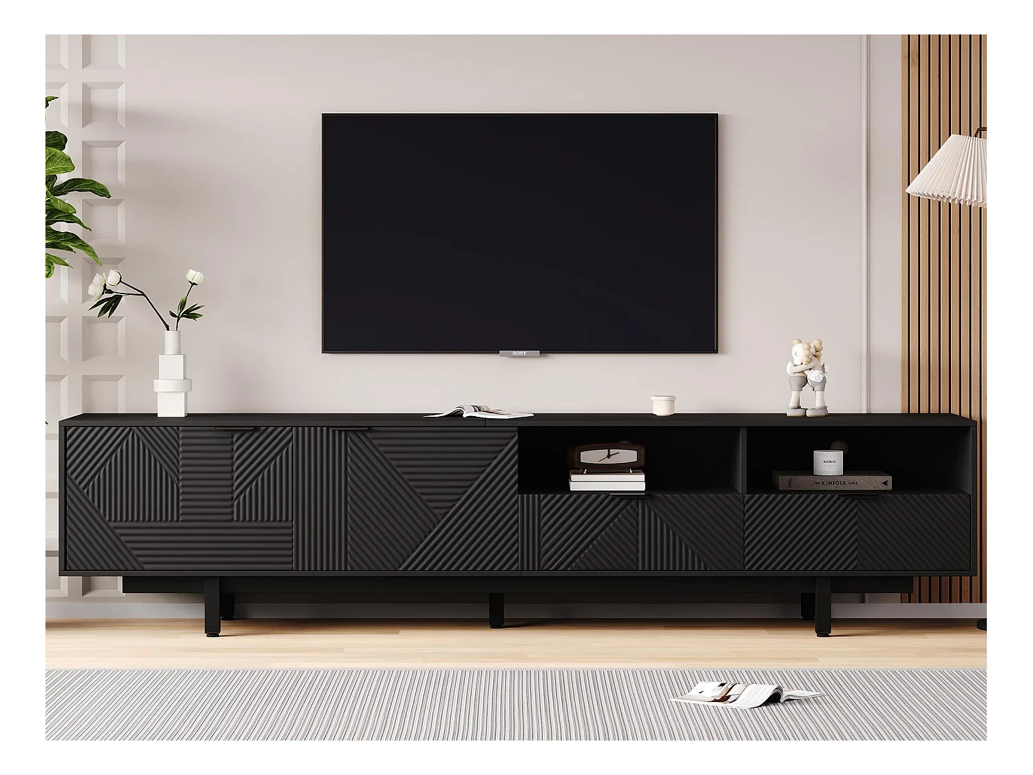 Meuble TV 200 cm - avec 3 compartiments et 2 tiroirs - capacité maximale TV 90 pouces - Noir