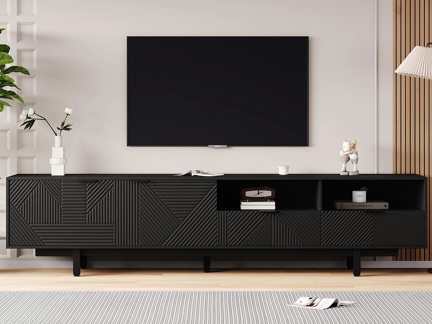 Meble TV 200 cm - z 3 przegrodami i 2 szufladami - maksymalna pojemność TV 90 cali - Czarny