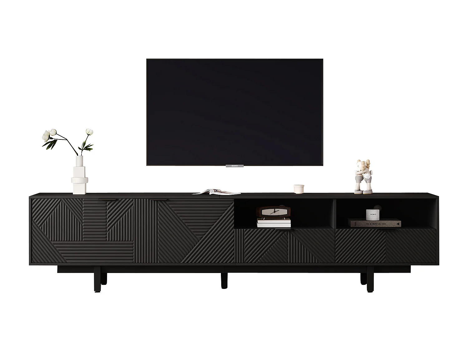 Meble TV 200 cm - z 3 przegrodami i 2 szufladami - maksymalna pojemność TV 90 cali - Czarny