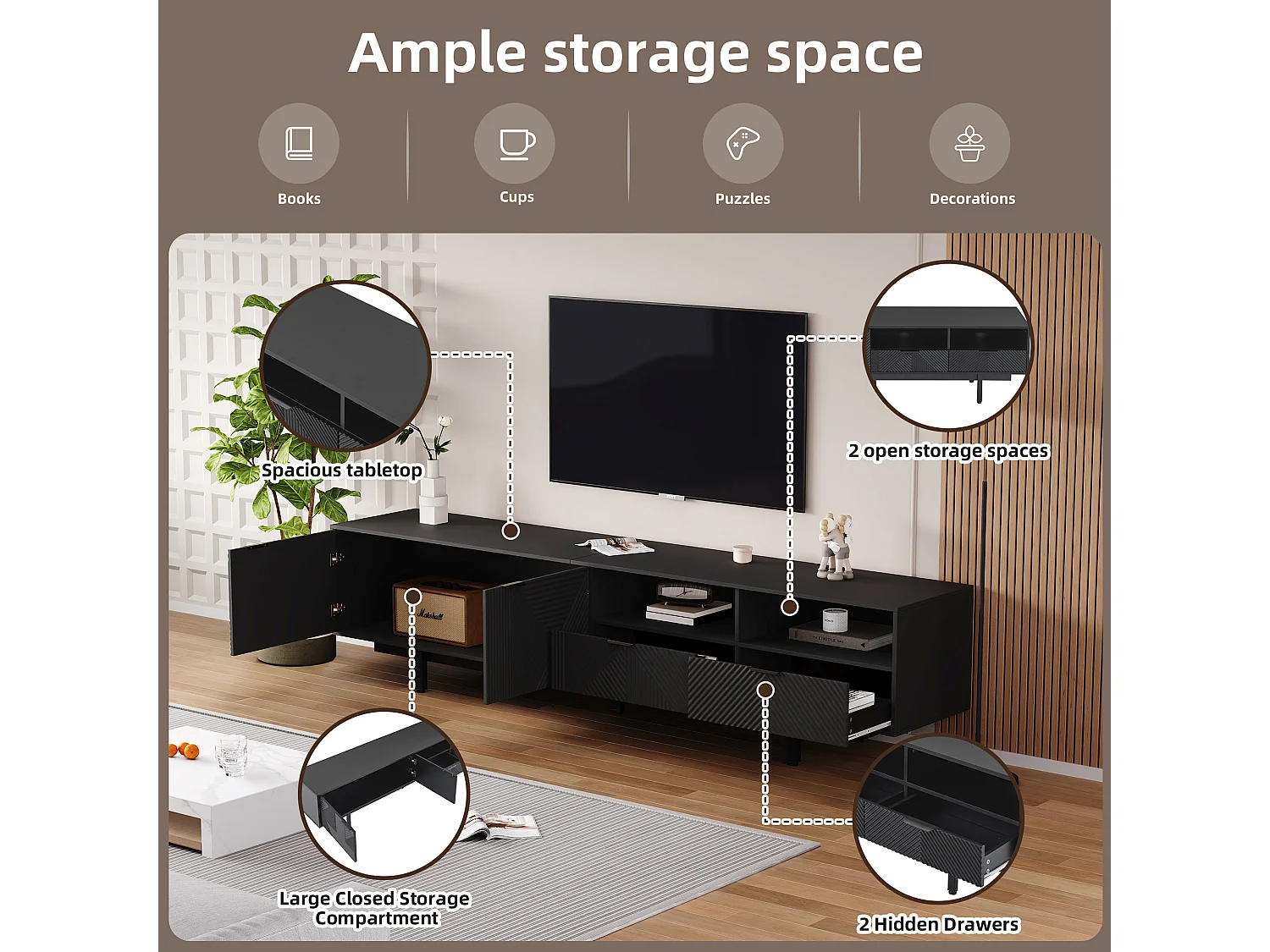 Meuble TV 200 cm - avec 3 compartiments et 2 tiroirs - capacité maximale TV 90 pouces - Noir