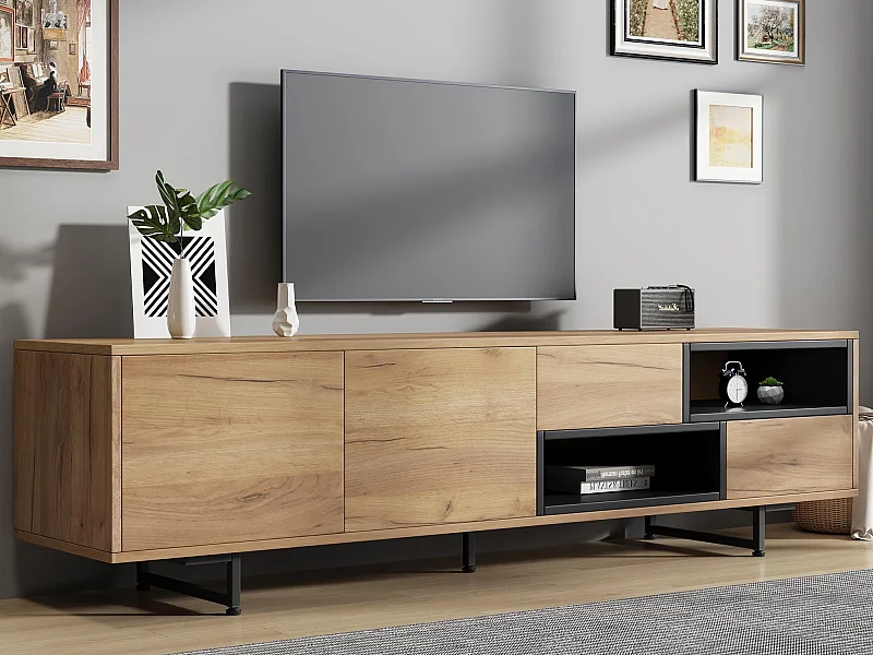 Meuble TV - avec 2 tiroirs 2 portes 2 compartiments ouverts - Naturel