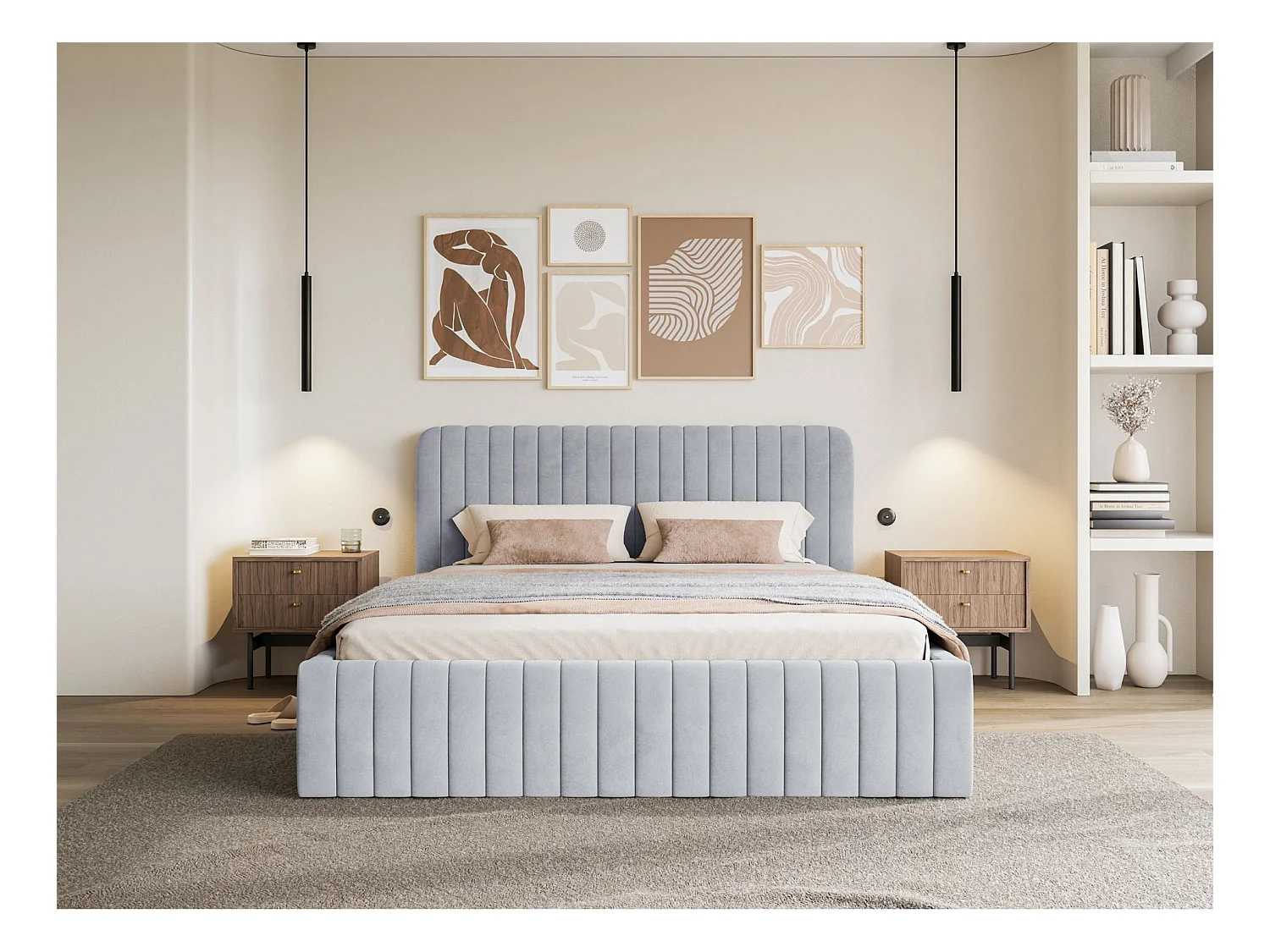 Tweepersoonsbed gestoffeerd - 180x200 cm - in grijs fluweel - SALIANO