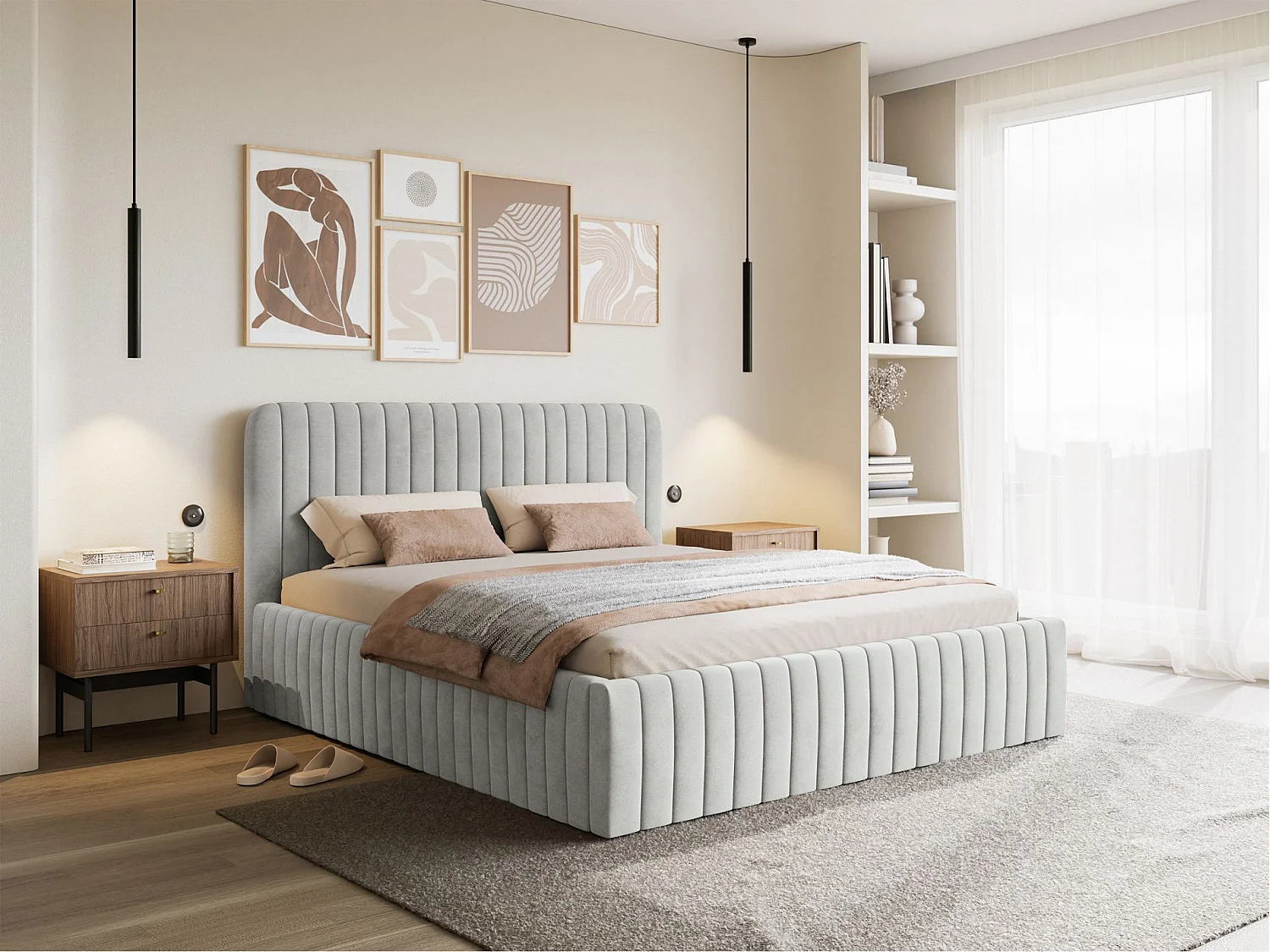 Lit capitonné double - 180x200 cm - en velours gris - SALIANO