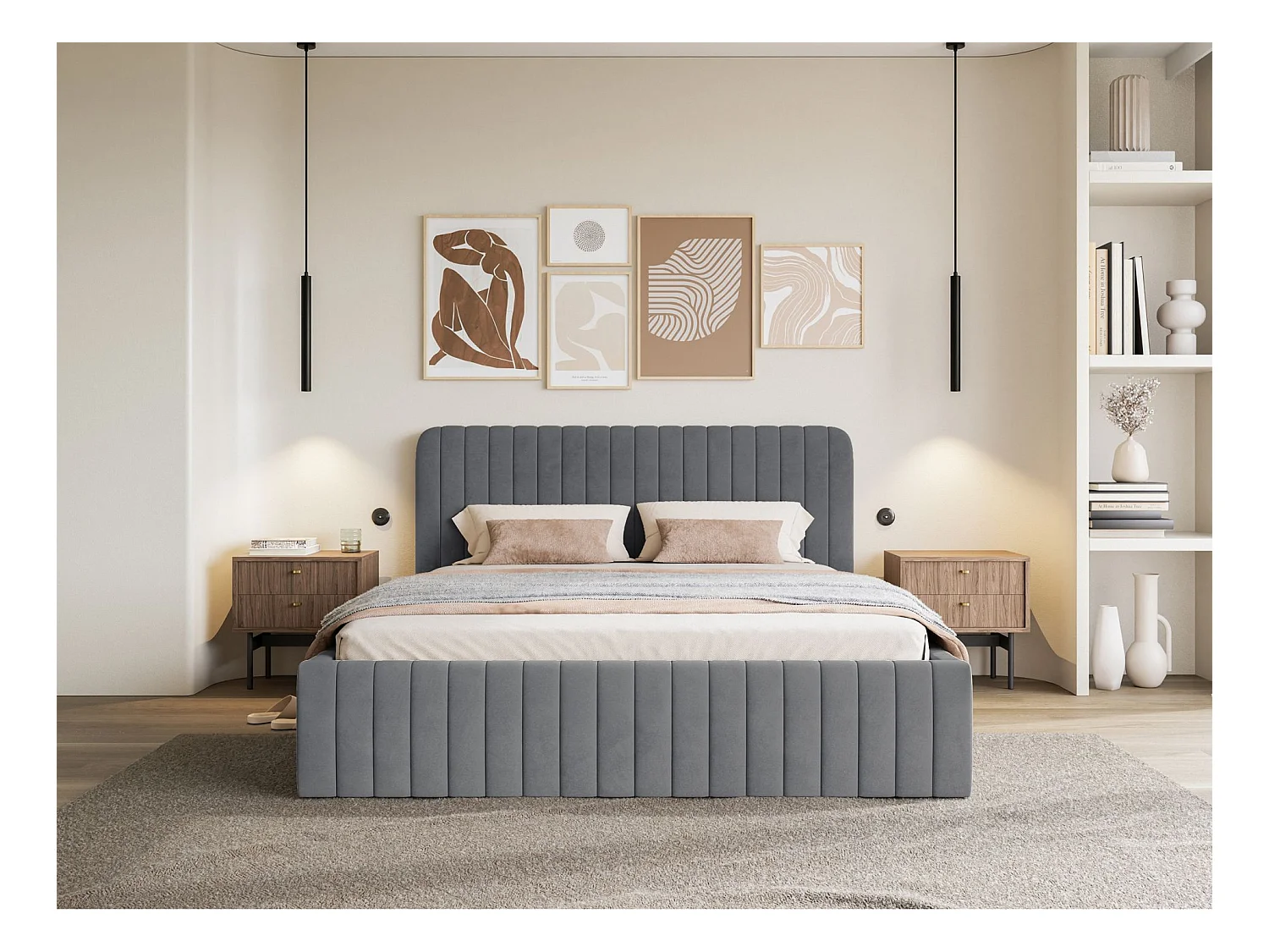 Tweepersoonsbed gestoffeerd - 180x200 cm - in blauwgrijs fluweel - SALIANO