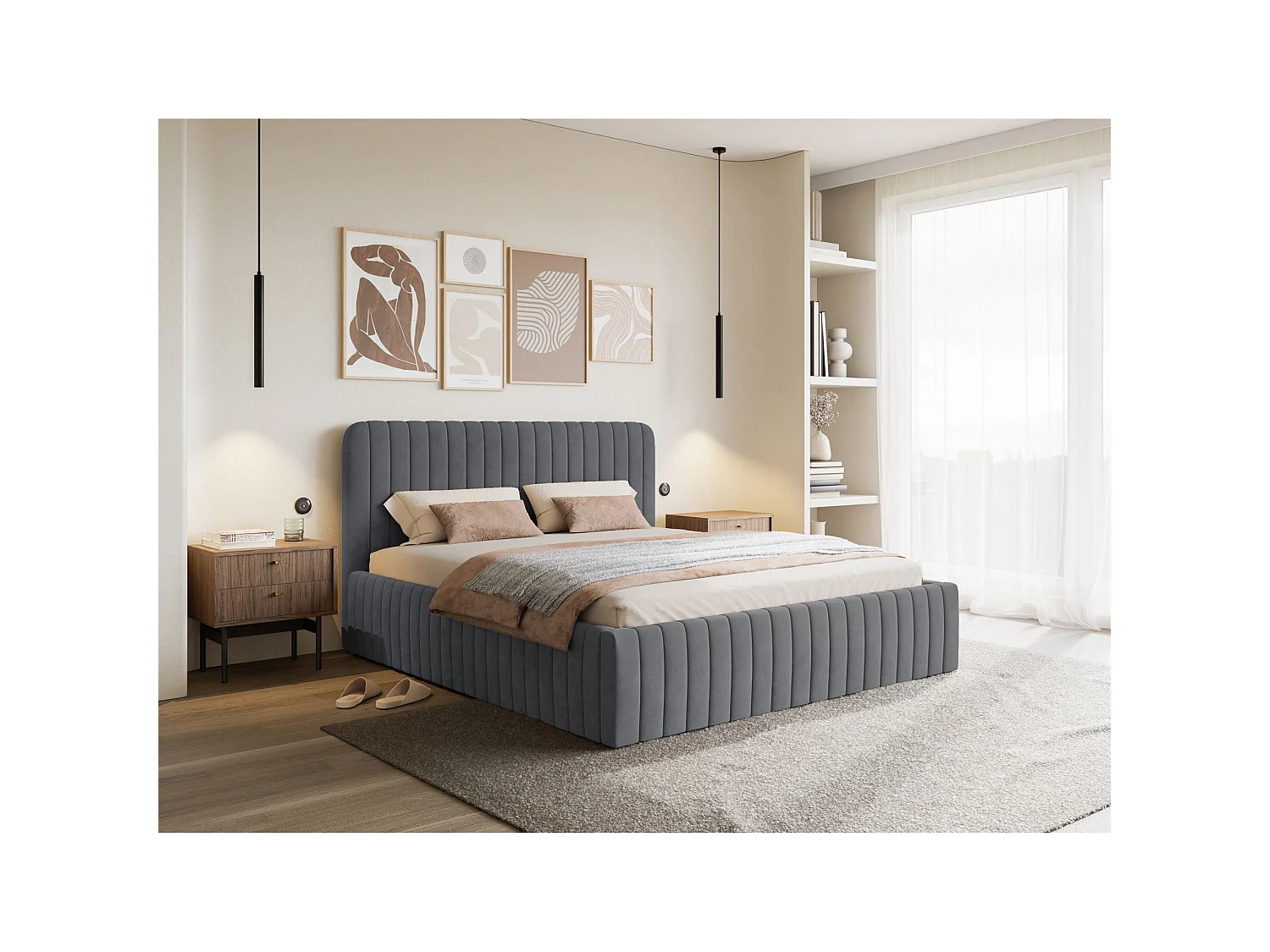 Tweepersoonsbed gestoffeerd - 180x200 cm - in blauwgrijs fluweel - SALIANO