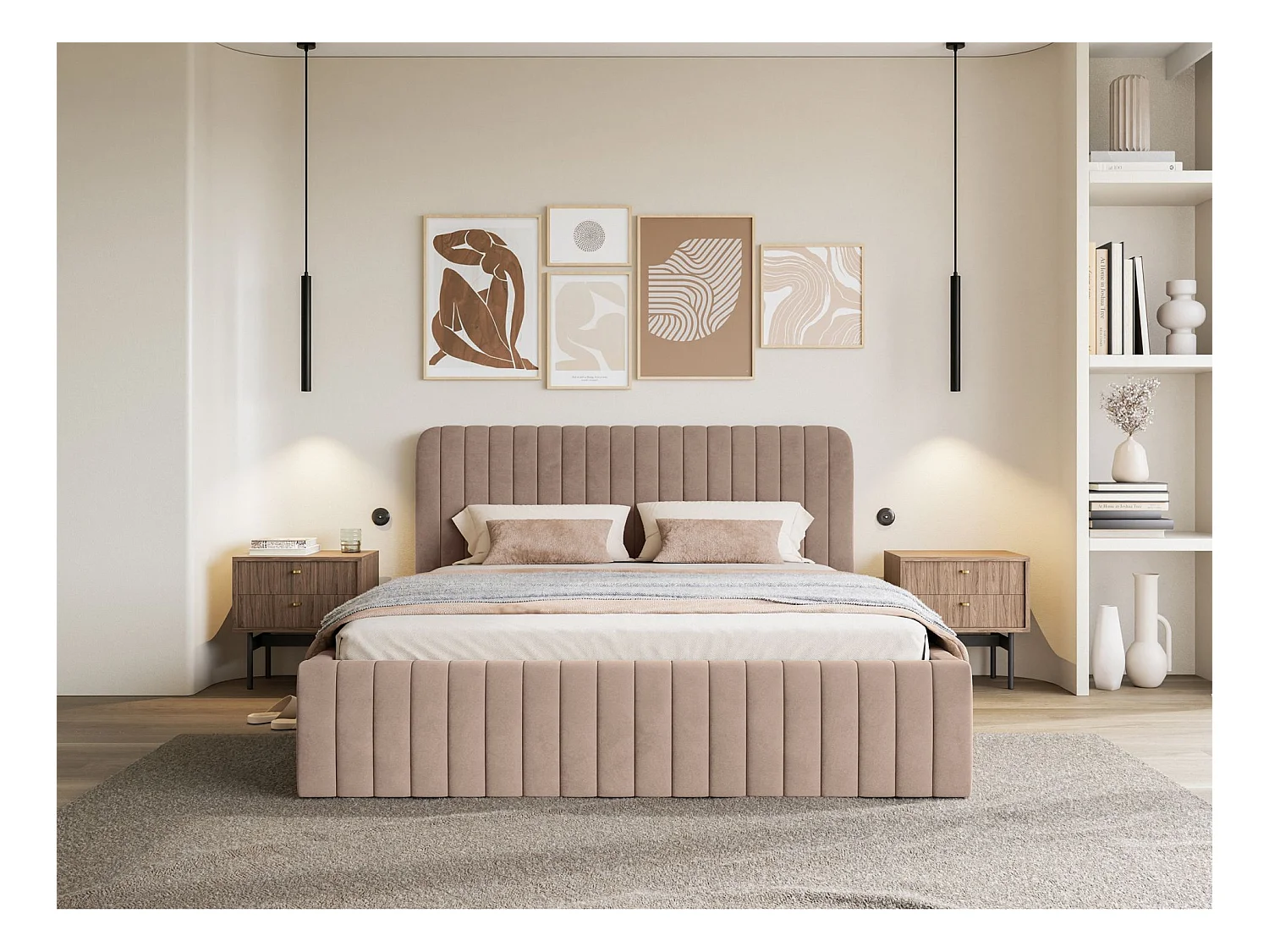 Tweepersoonsbed gestoffeerd - 180x200 cm - in beige fluweel - SALIANO