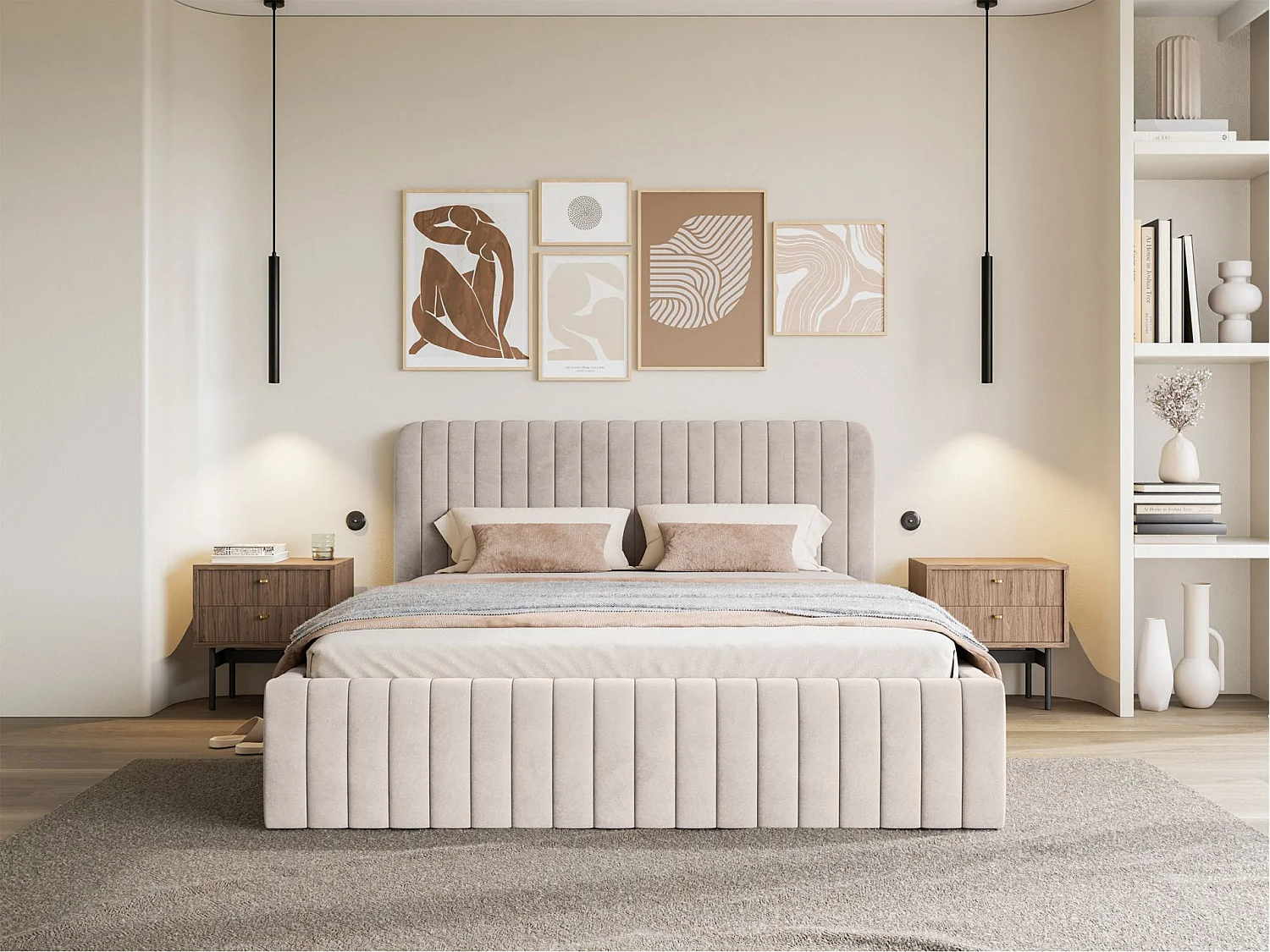 Tweepersoonsbed gestoffeerd - 140x200 cm - in greige fluweel - SALIANO