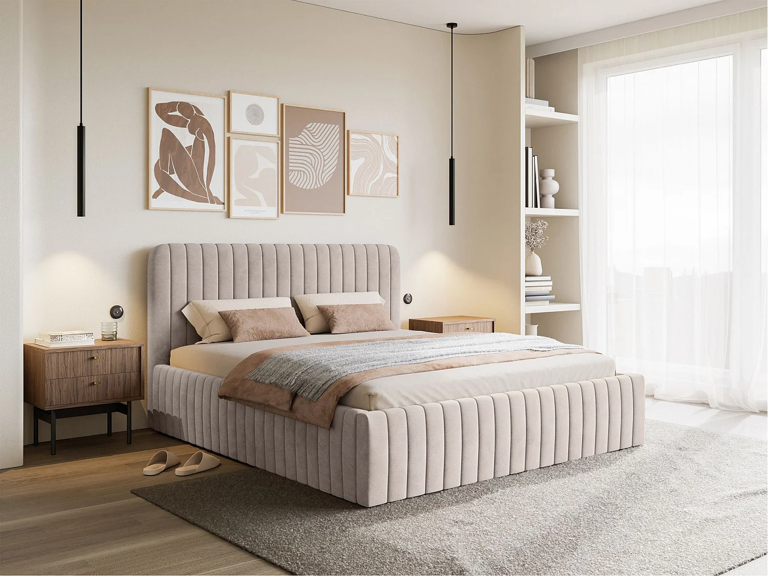 Tweepersoonsbed gestoffeerd - 140x200 cm - in greige fluweel - SALIANO