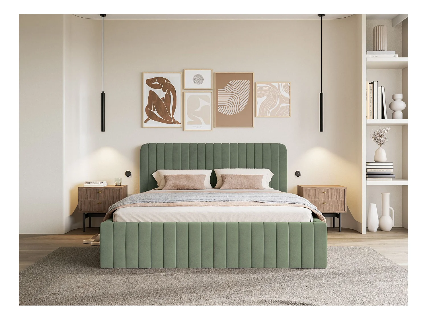 Tweepersoonsbed gestoffeerd - 180x200 cm - in donkergroen fluweel - SALIANO