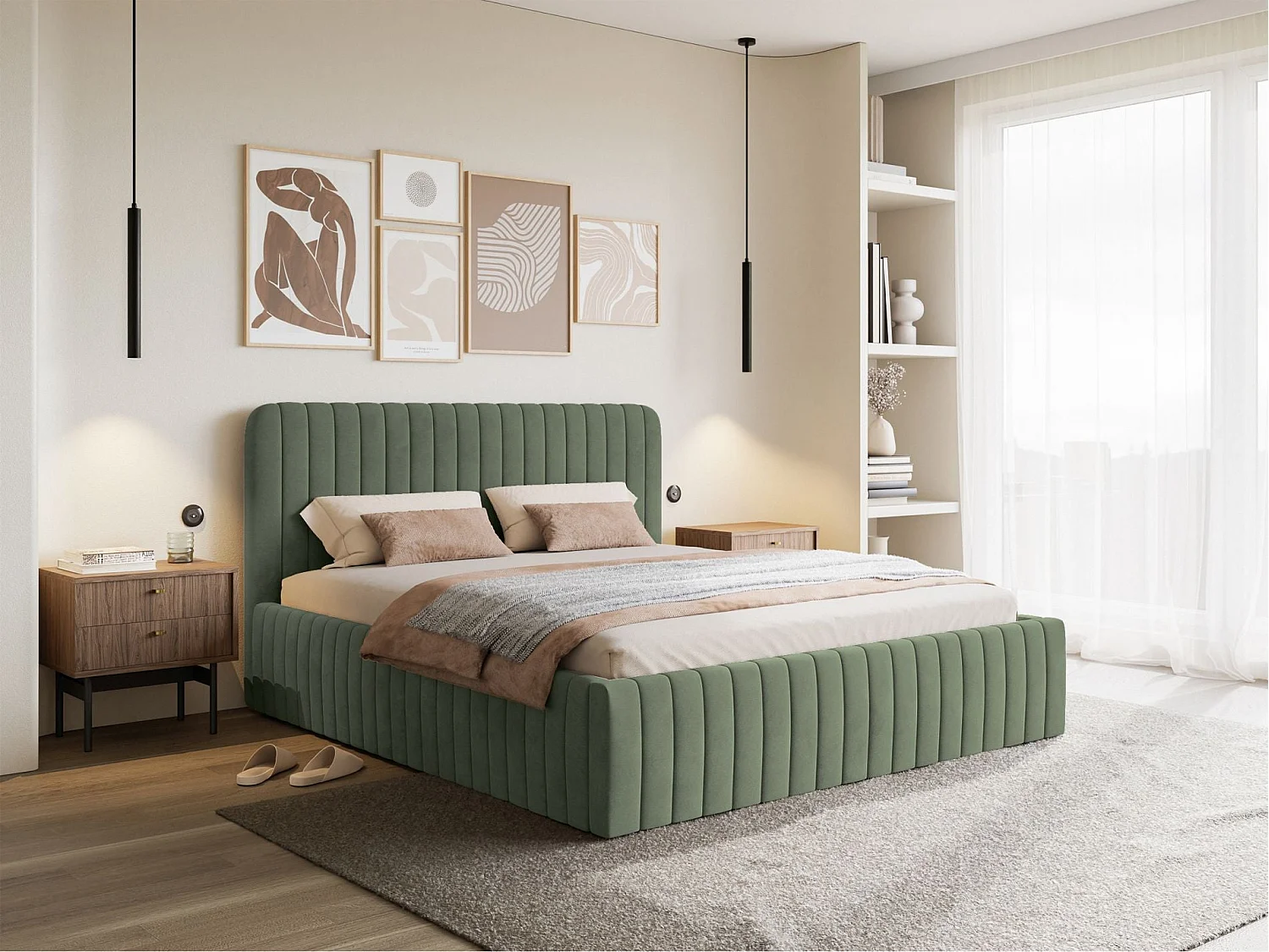 Tweepersoonsbed gestoffeerd - 180x200 cm - in donkergroen fluweel - SALIANO