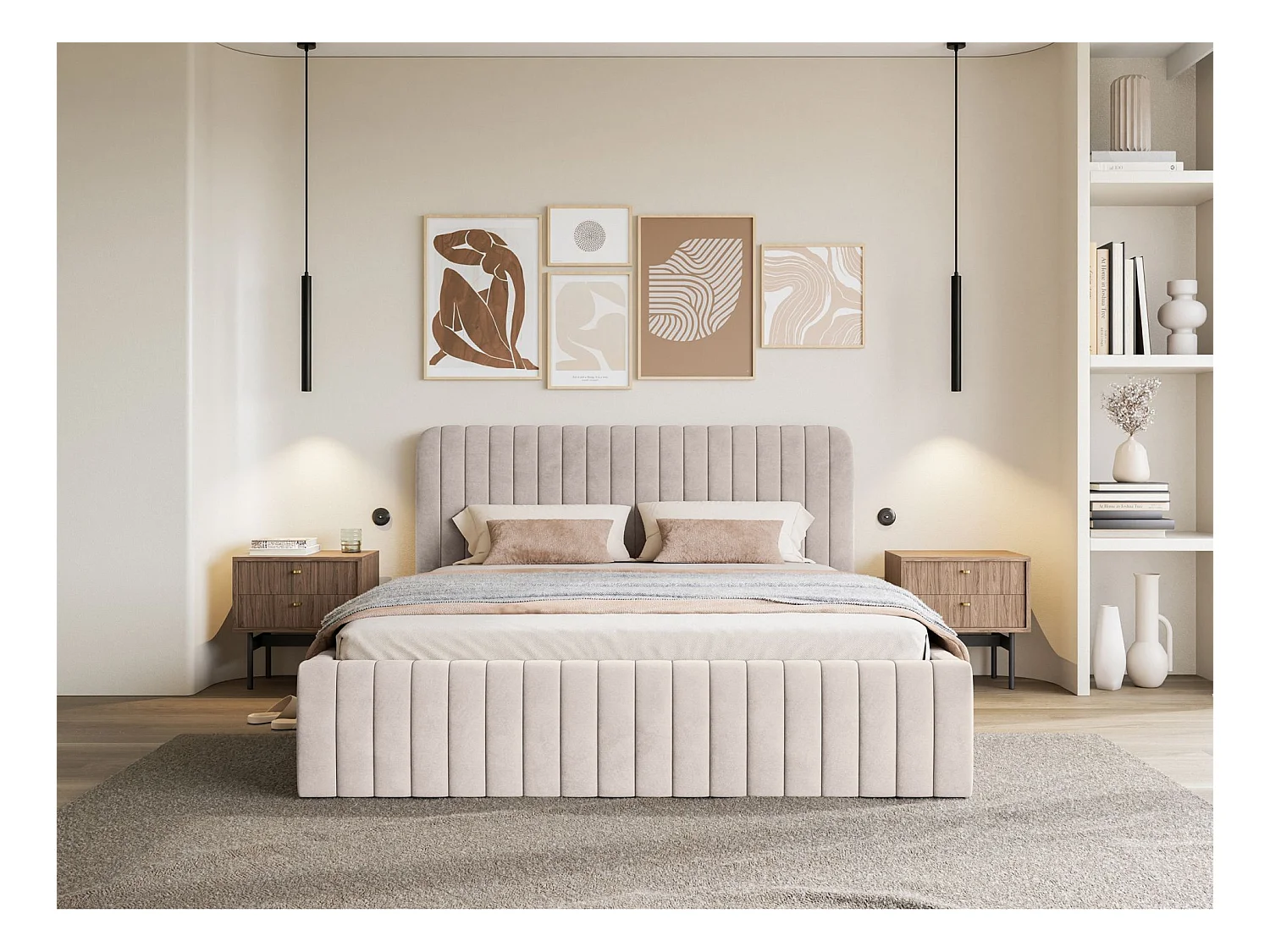 Tweepersoonsbed gestoffeerd - 180x200 cm - in greige fluweel - SALIANO