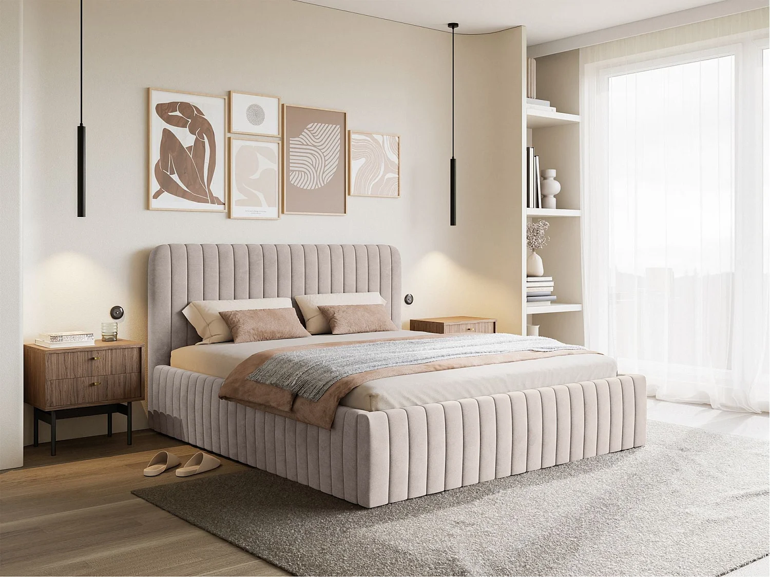 Tweepersoonsbed gestoffeerd - 180x200 cm - in greige fluweel - SALIANO