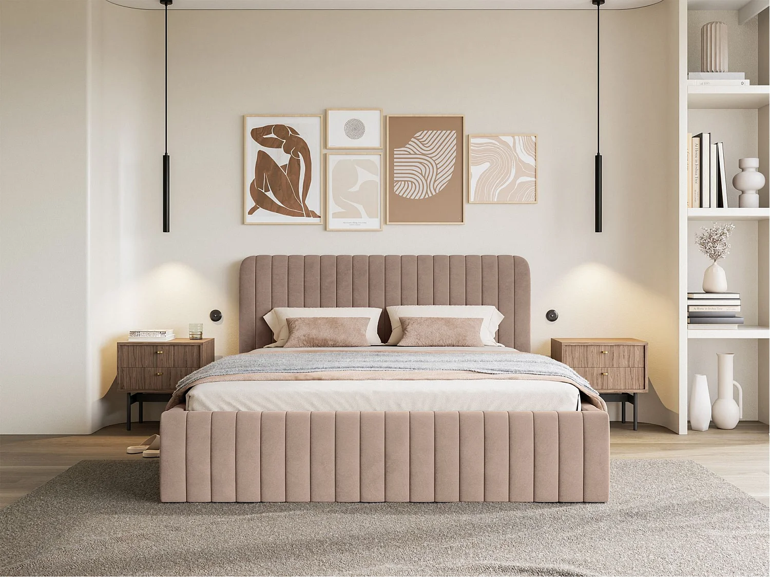 Lit capitonné double - 140x200 cm - en velours beige - SALIANO
