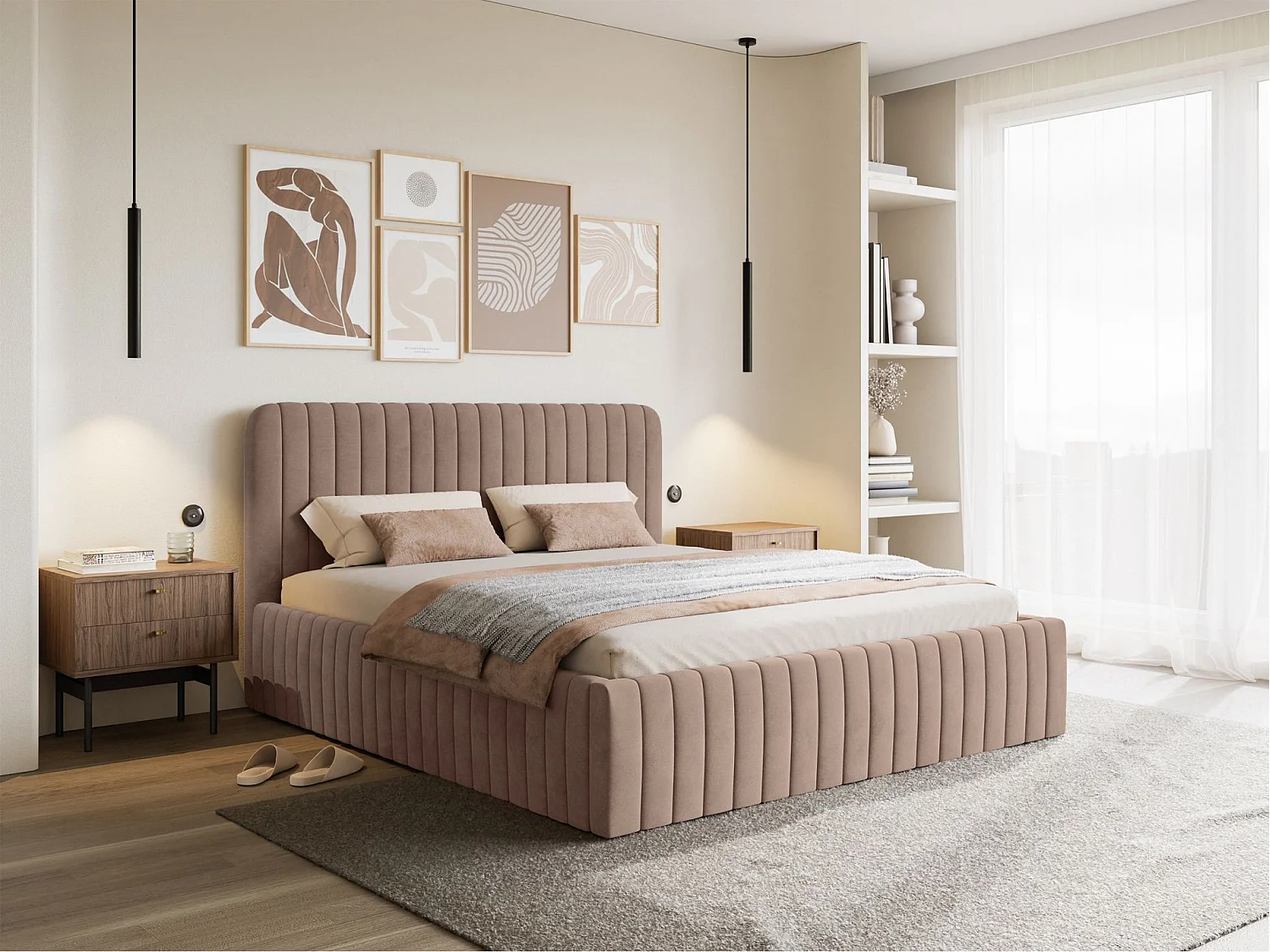 Lit capitonné double - 140x200 cm - en velours beige - SALIANO
