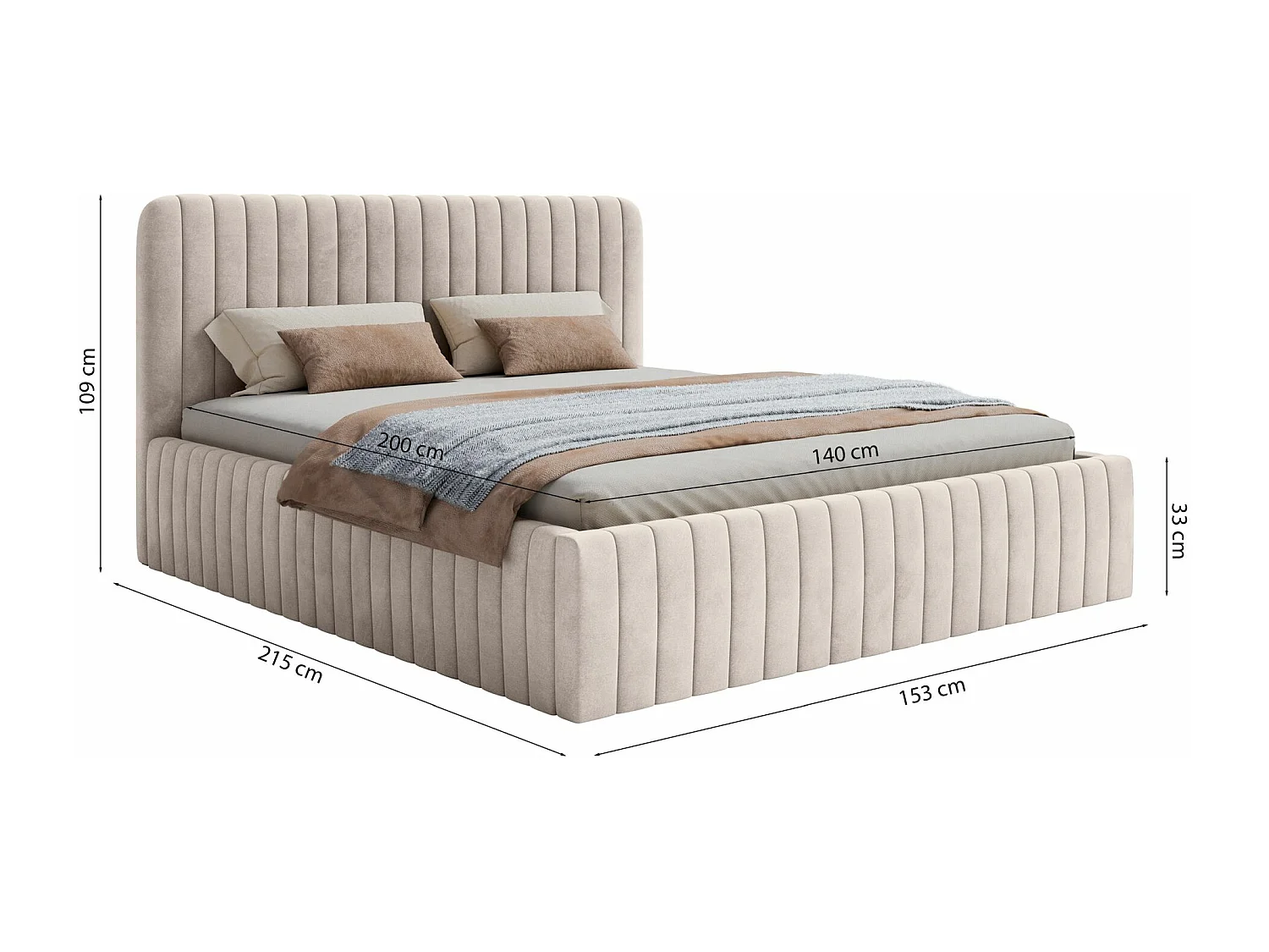 Lit capitonné double - 140x200 cm - en velours beige - SALIANO