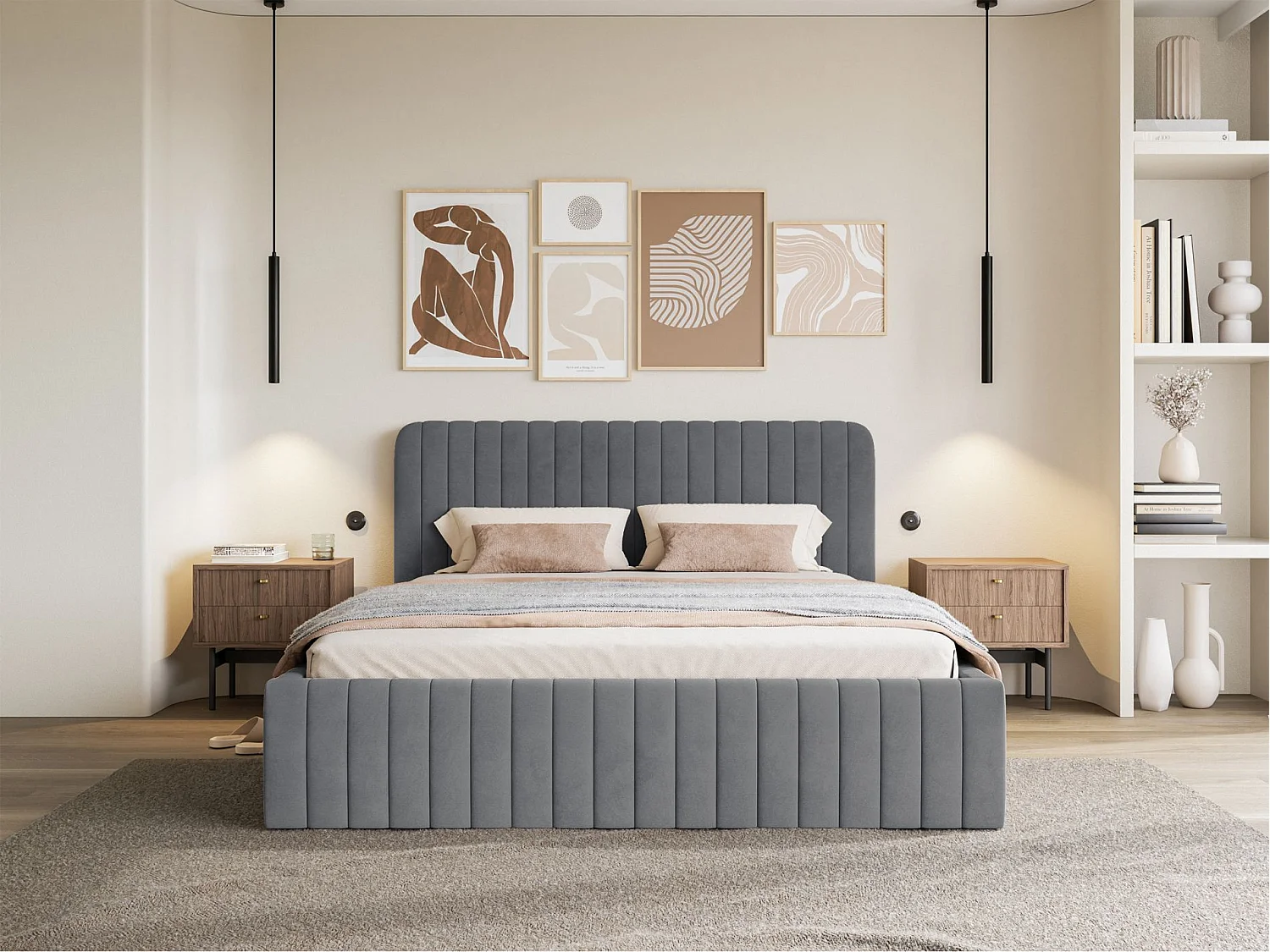 Tweepersoonsbed gestoffeerd - 160x200 cm - in blauwgrijs fluweel - SALIANO