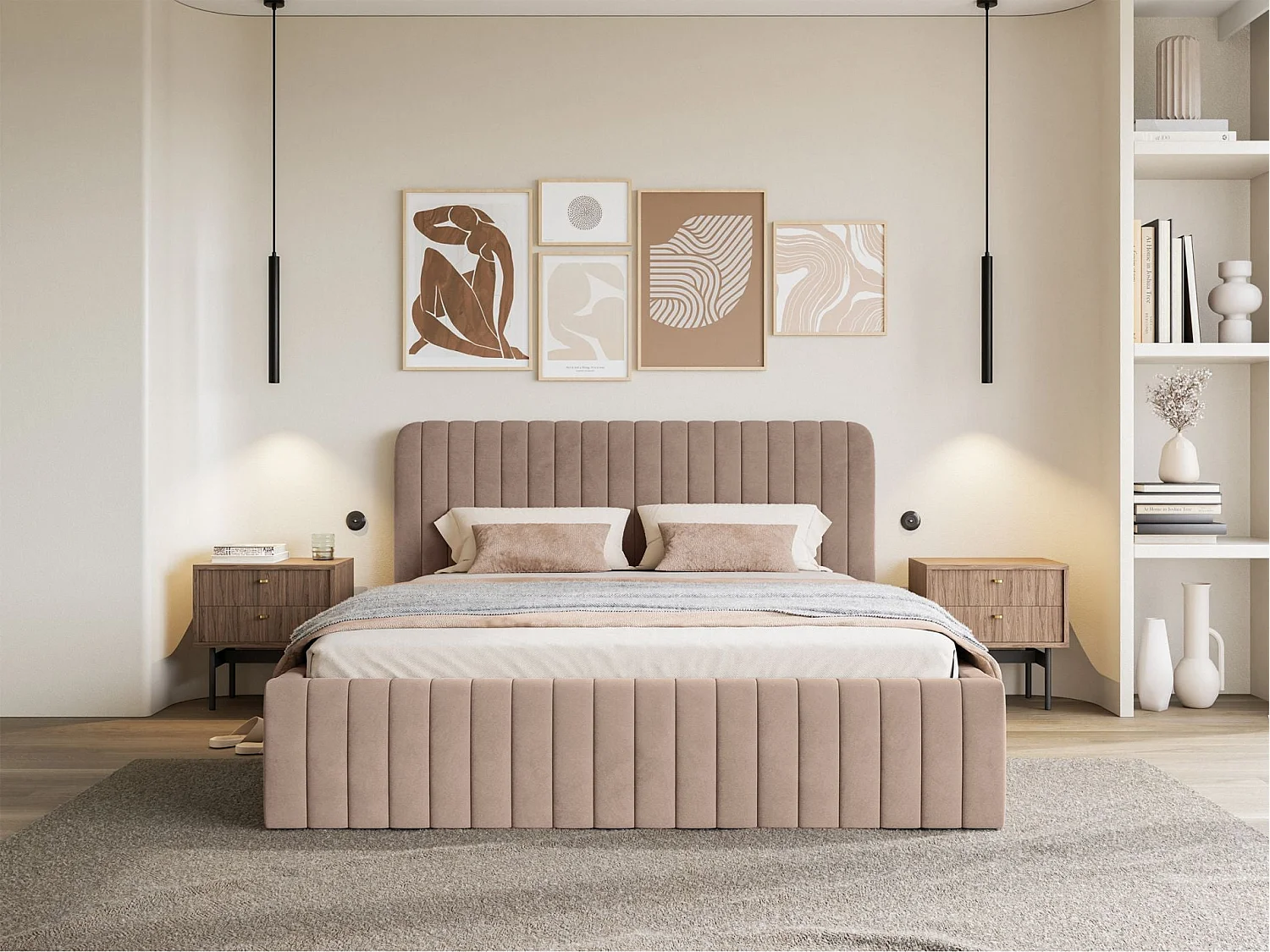 Lit capitonné double - 160x200 cm - en velours beige - SALIANO
